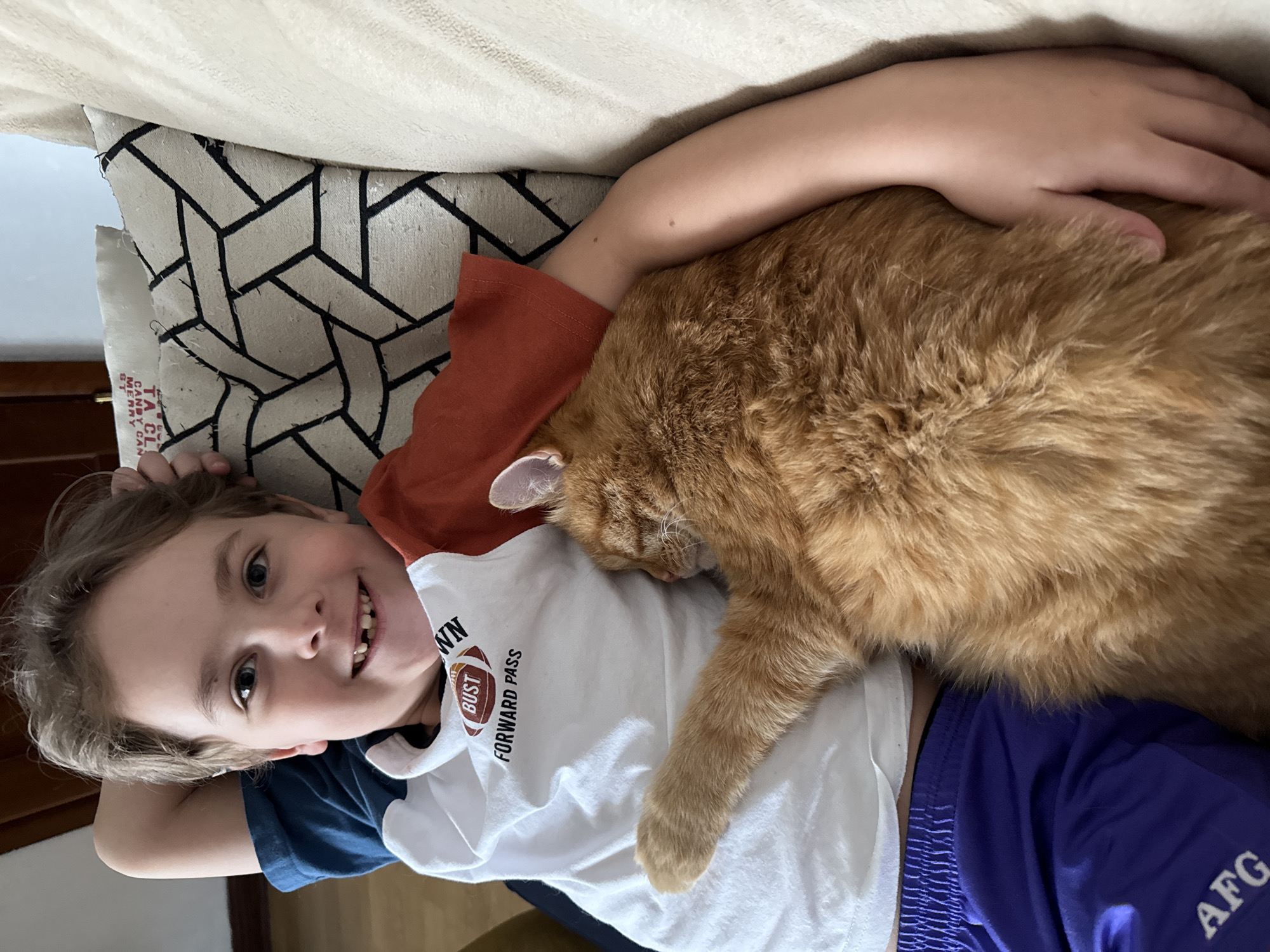 Boy and cat share quiet afternoon in Krasnoyarsk apartment