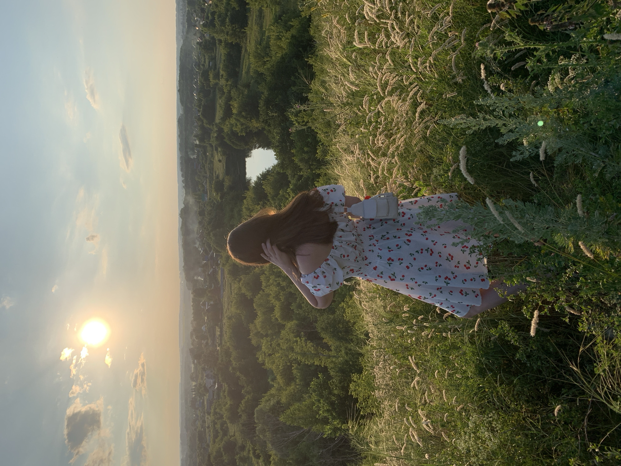 Summer afternoon snapshots: white dresses, pine trees, and a cat in a cap