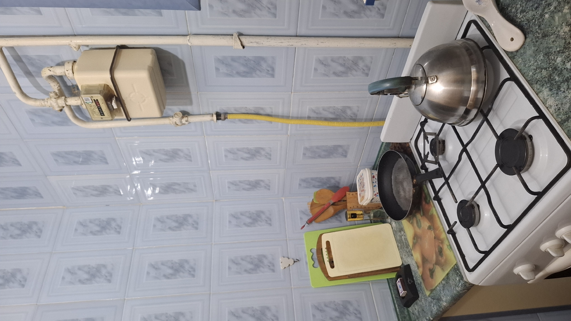 Everyday kitchen scene in a Shymkent home, evening.