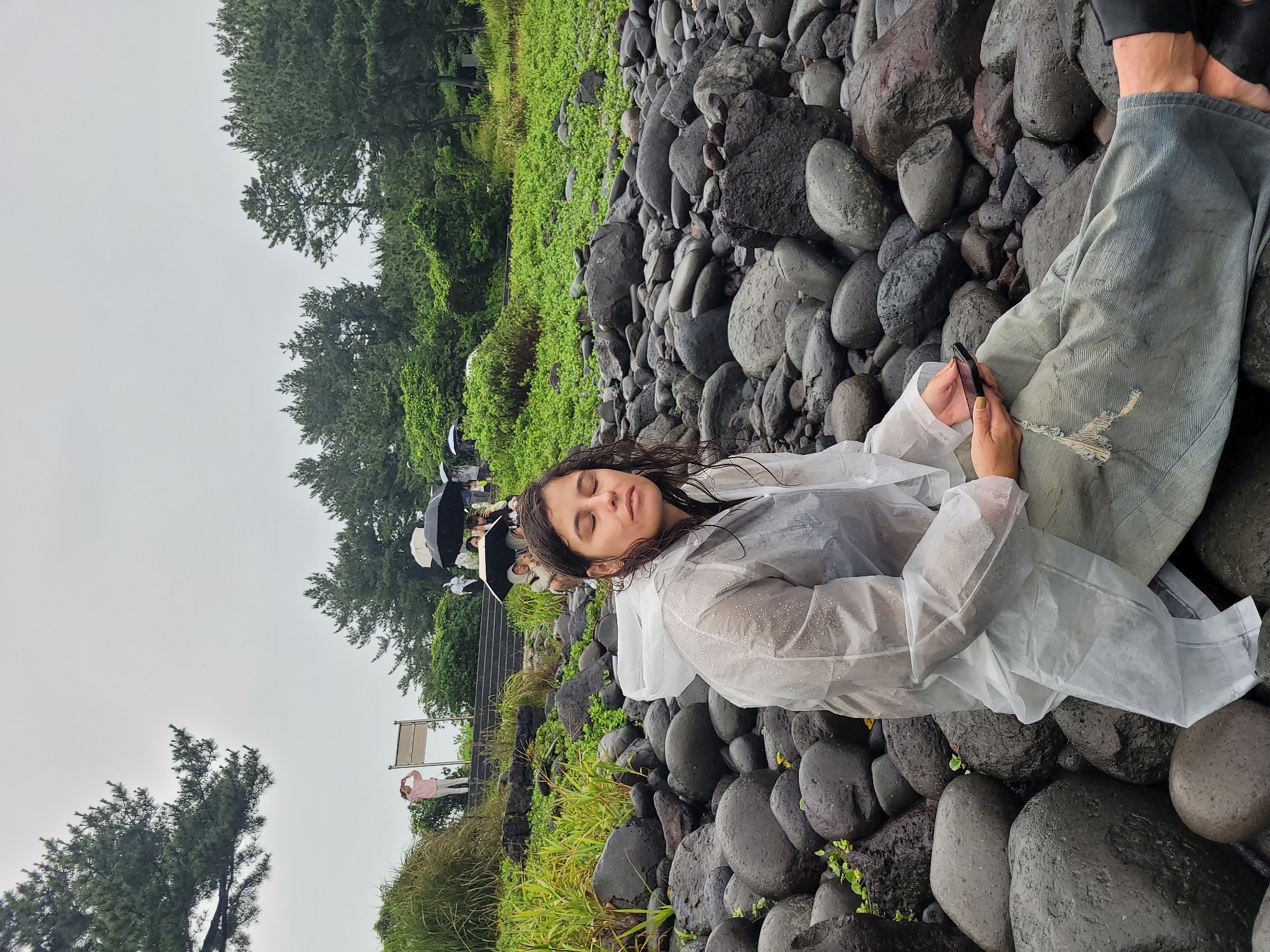 Rainy morning on Jeju's volcanic coast, umbrellas out