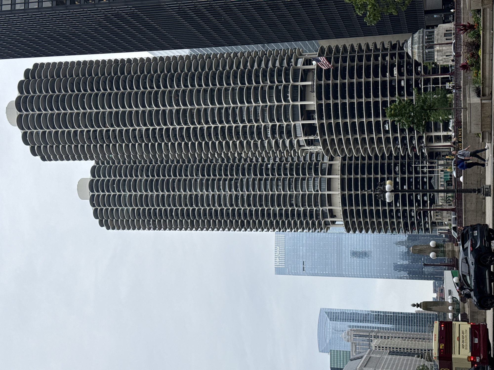 Downtown Chicago landmarks and streets on a cloudy afternoon