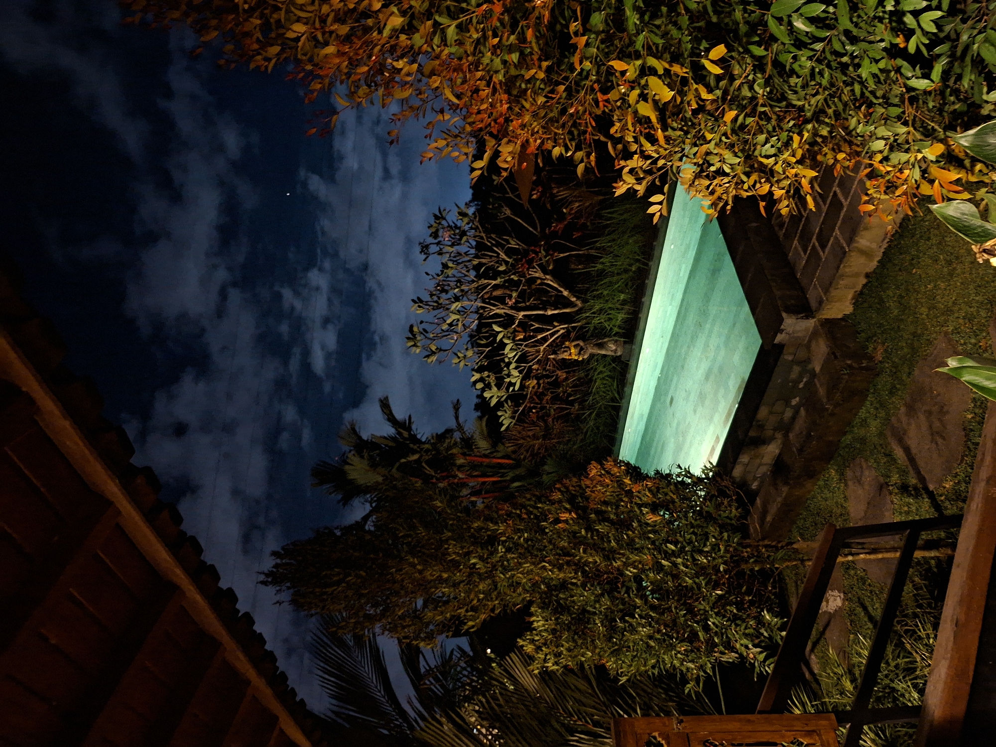 Nighttime garden scene photographed in Ubud, Indonesia