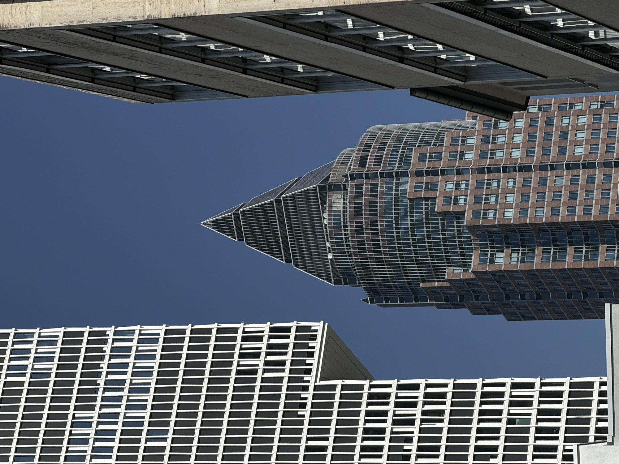 Looking up at Frankfurt's skyline on a clear morning