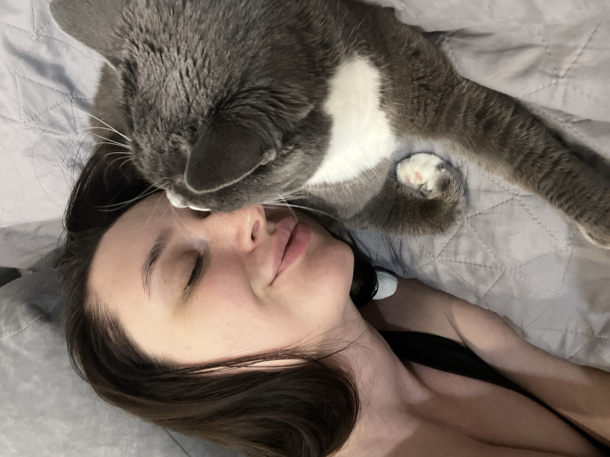 Woman and tuxedo cat share quiet domestic moments in Tyumen