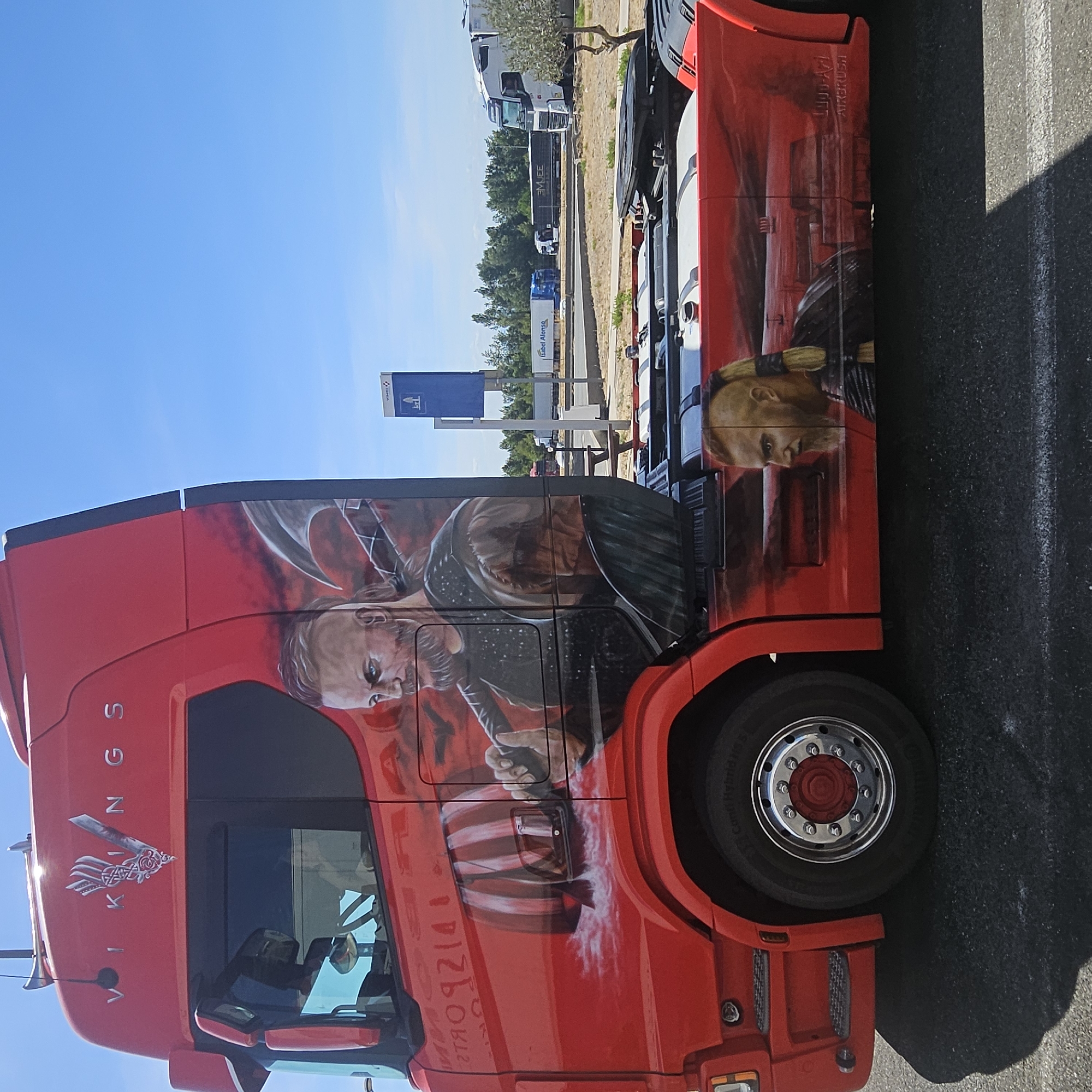 Custom Viking-airbrushed red truck parked in Vinassan, France
