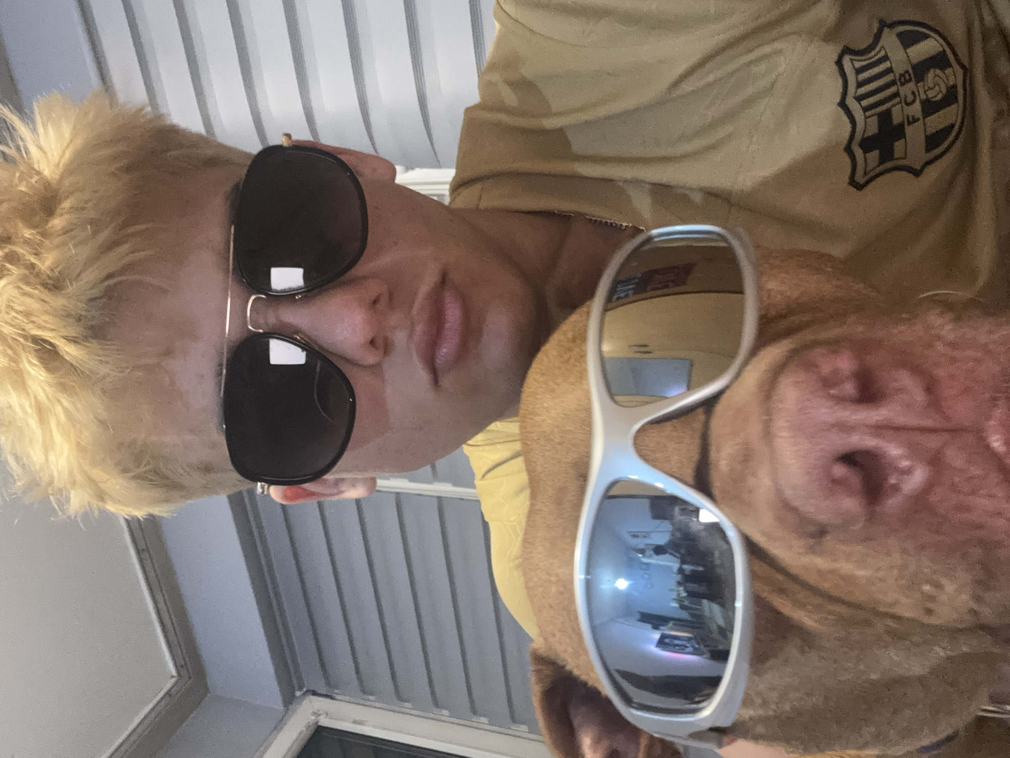 Person and dog pose in matching sunglasses selfies in Sofia