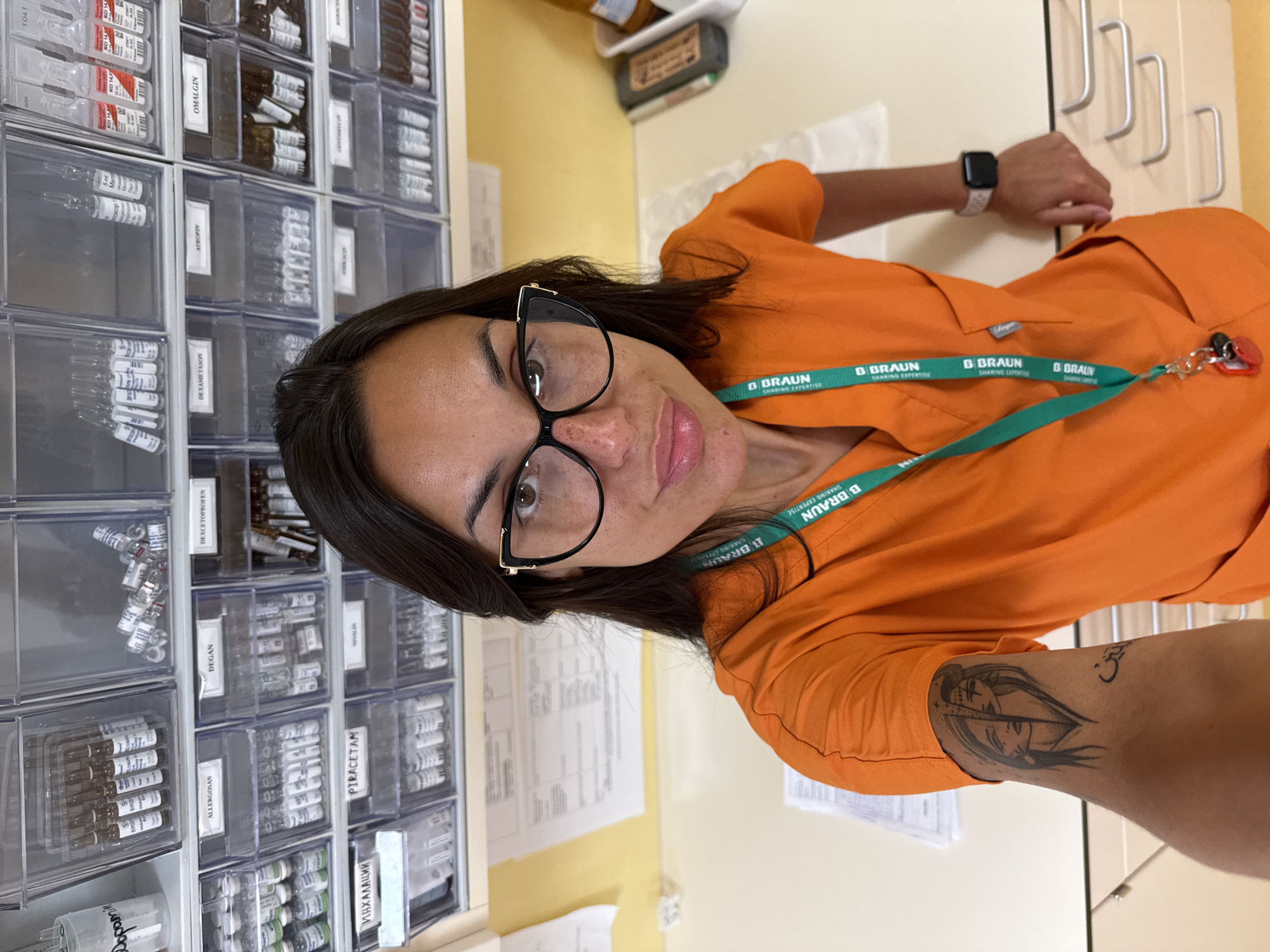 Afternoon selfies from a Pleven medical facility, B. Braun lanyard in frame