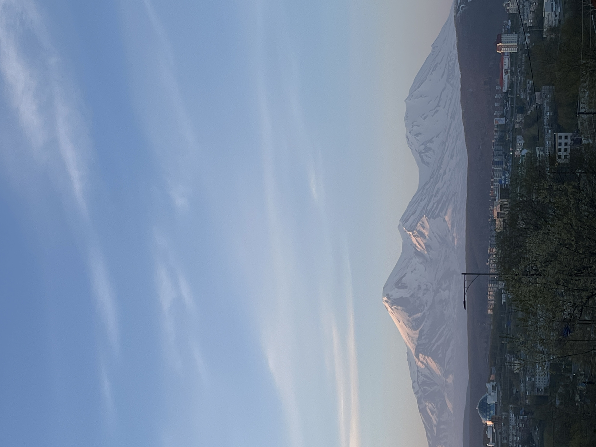 Morning panoramic views captured of Petropavlovsk-Kamchatsky beneath snowy peaks