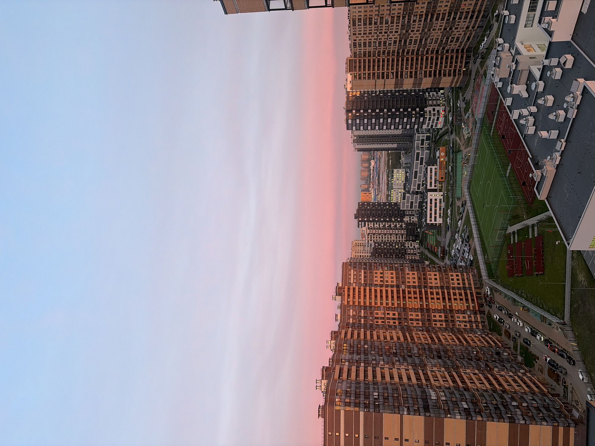 Sunset aerial views captured over Saint Petersburg cityscape