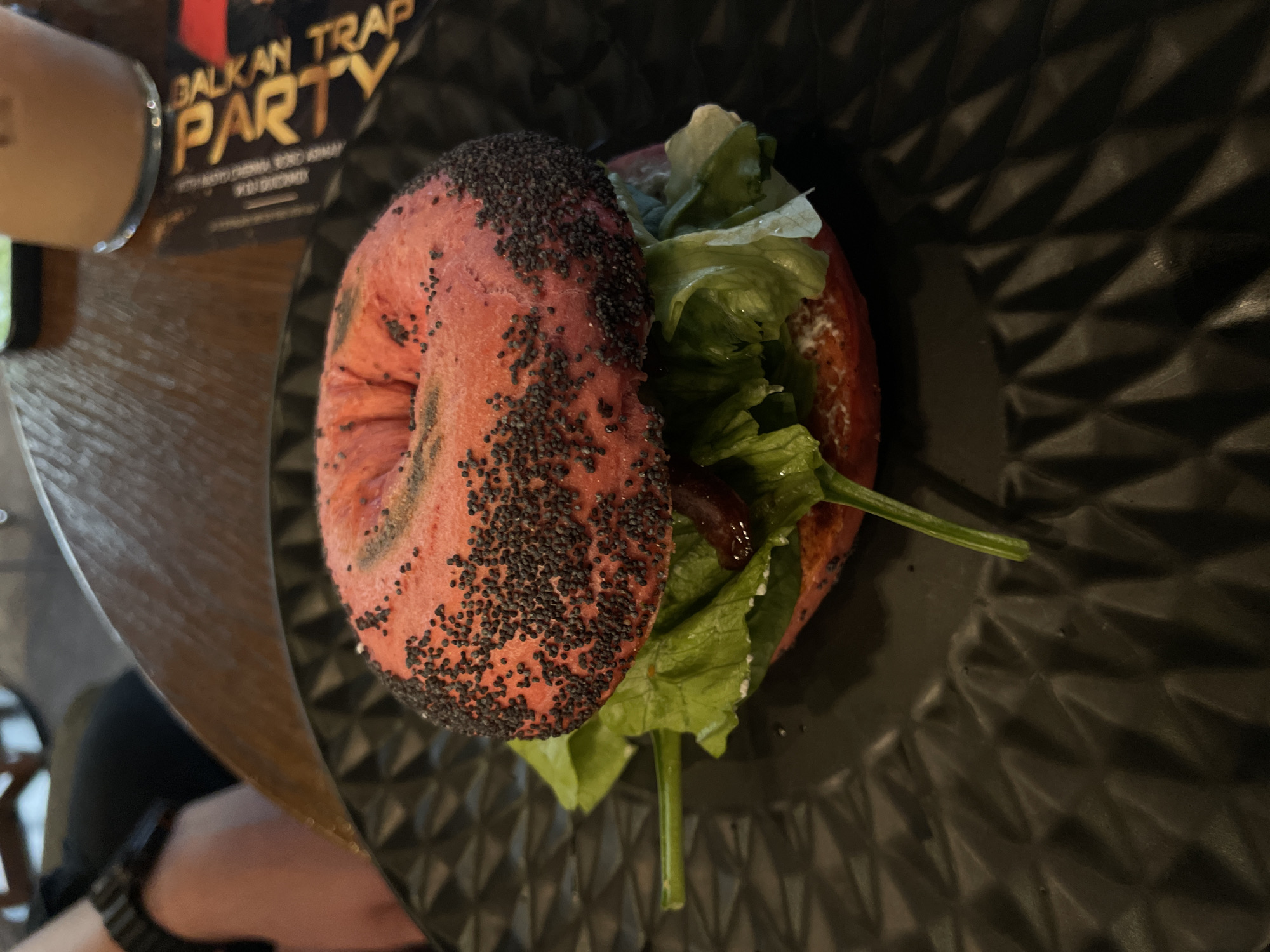 Red poppy seed bagel photographed in Varna, Bulgaria