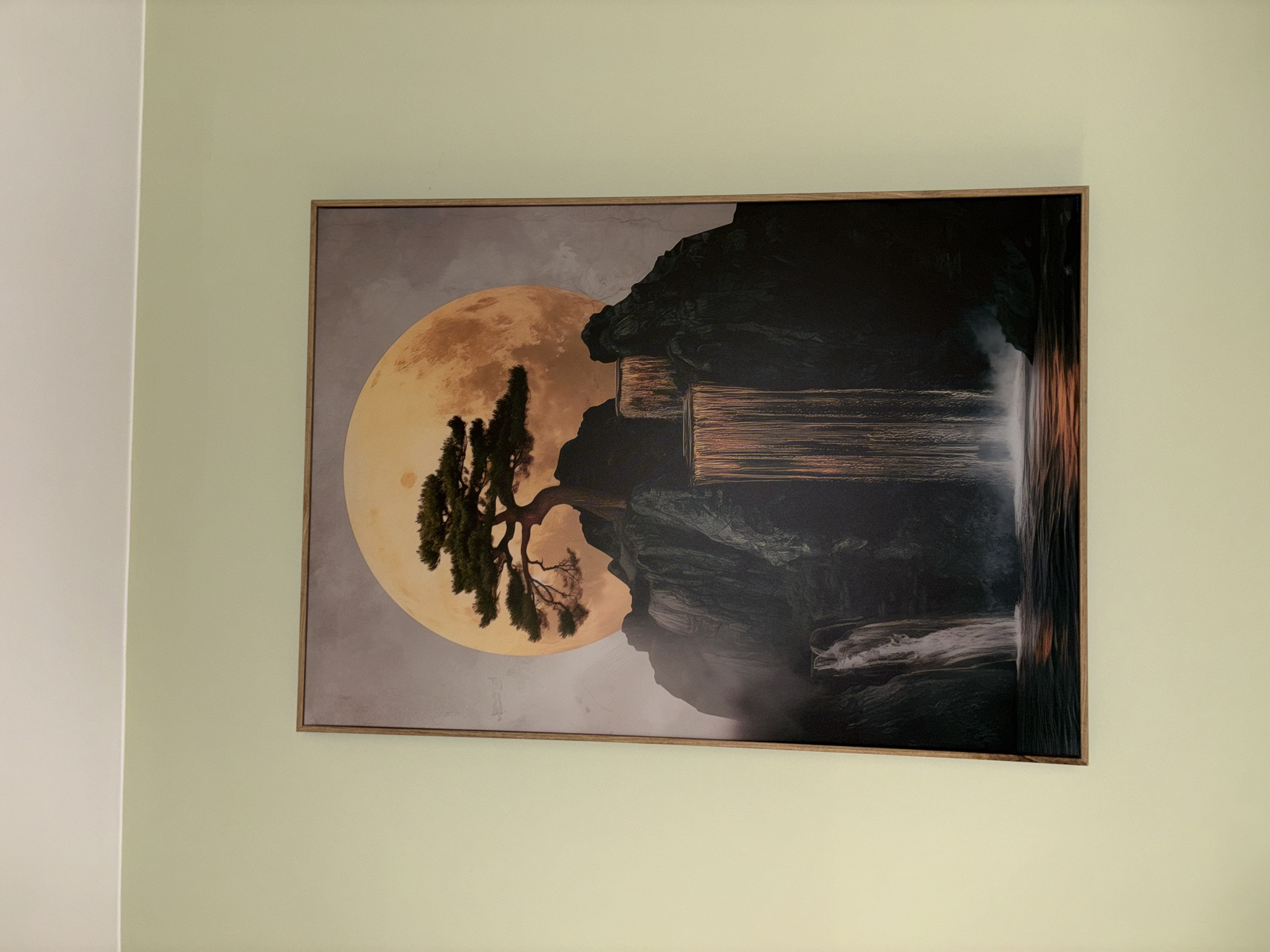 Landscape artwork featuring moon and waterfall observed in Sofia