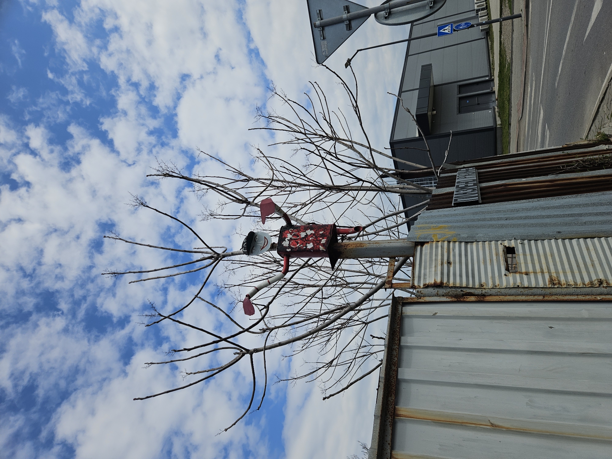 Street scene with metal sculpture documented in Yambol, Bulgaria
