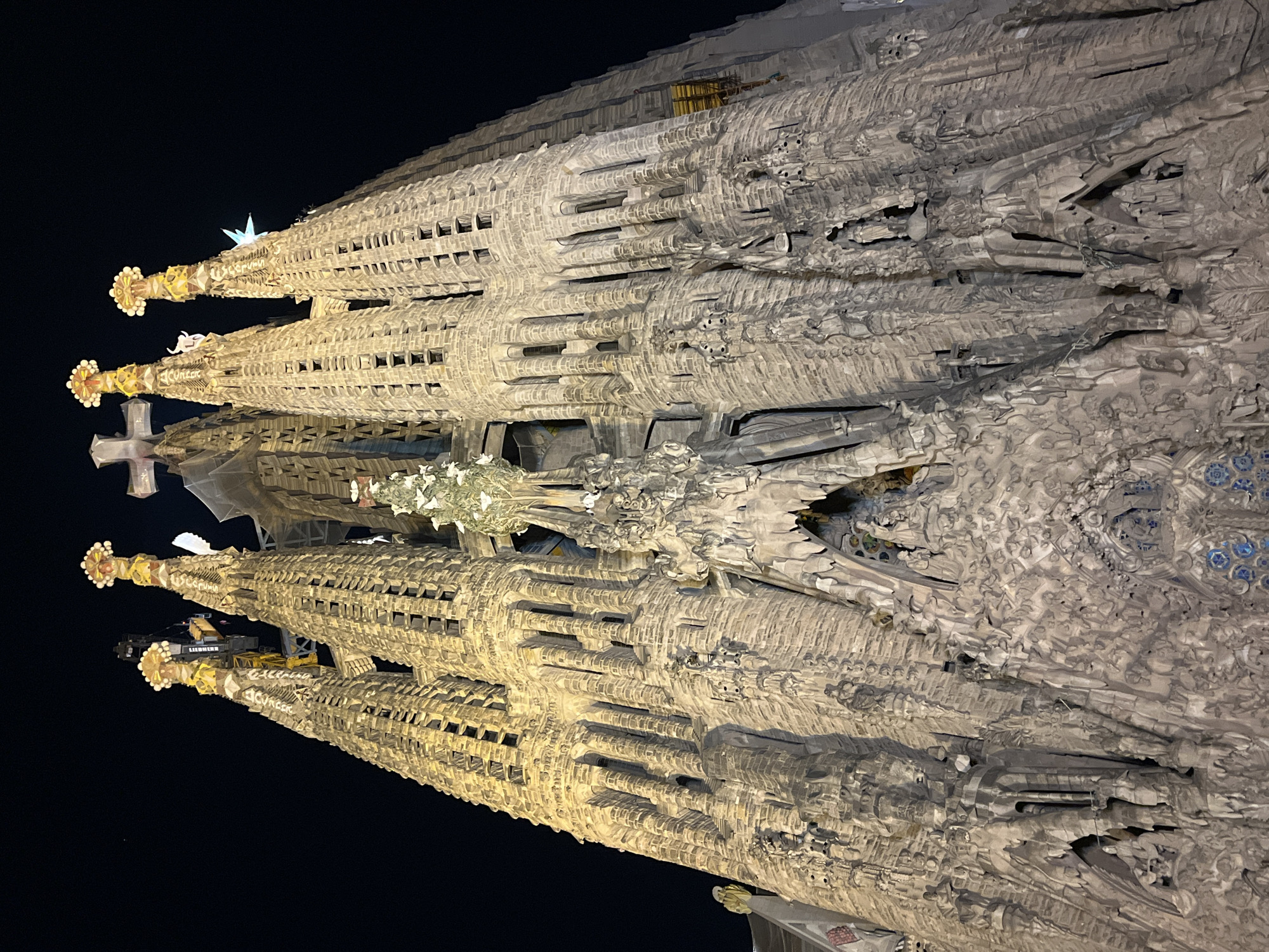 Sagrada Familia basilica captured illuminated at night in Barcelona