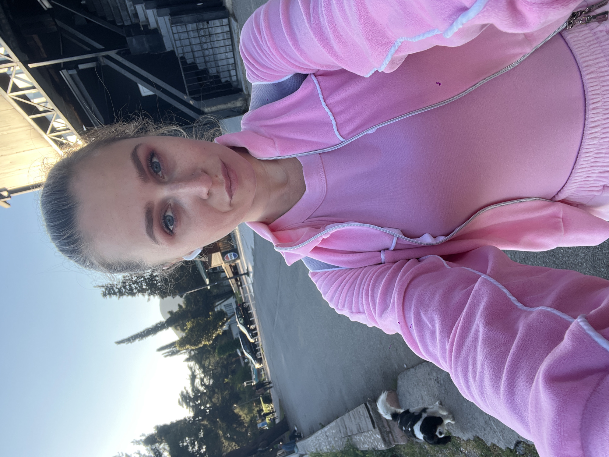 Pink tracksuit selfie captured in Budva, Montenegro