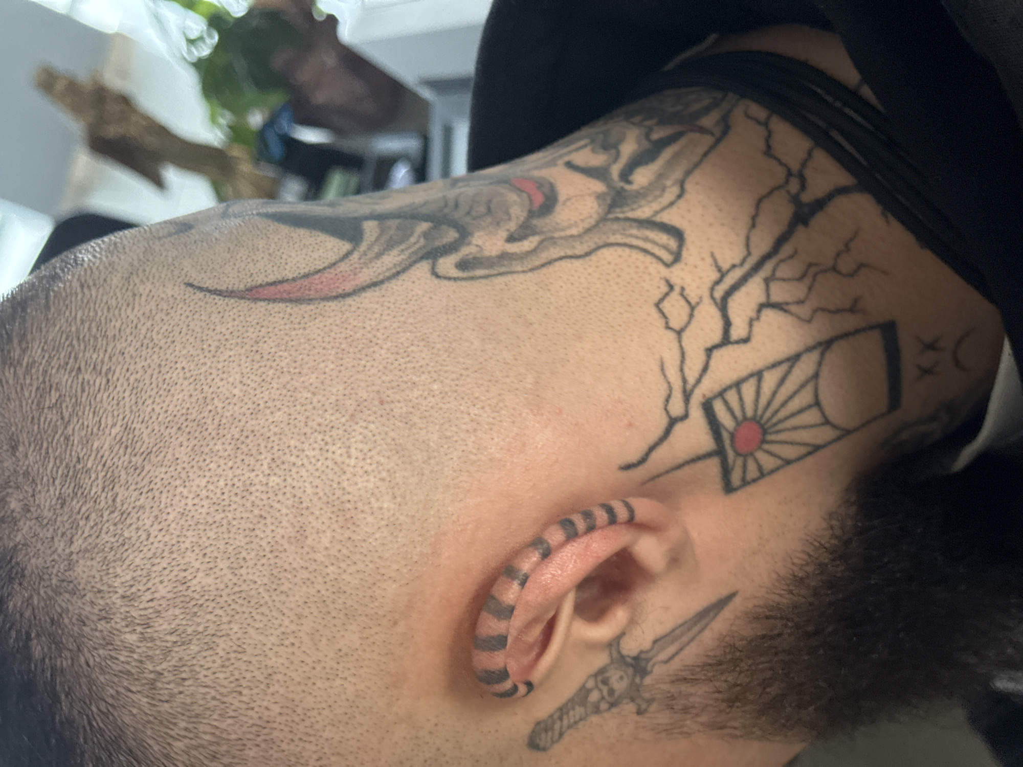 Tattooed individual with dragon artwork photographed in Sofia