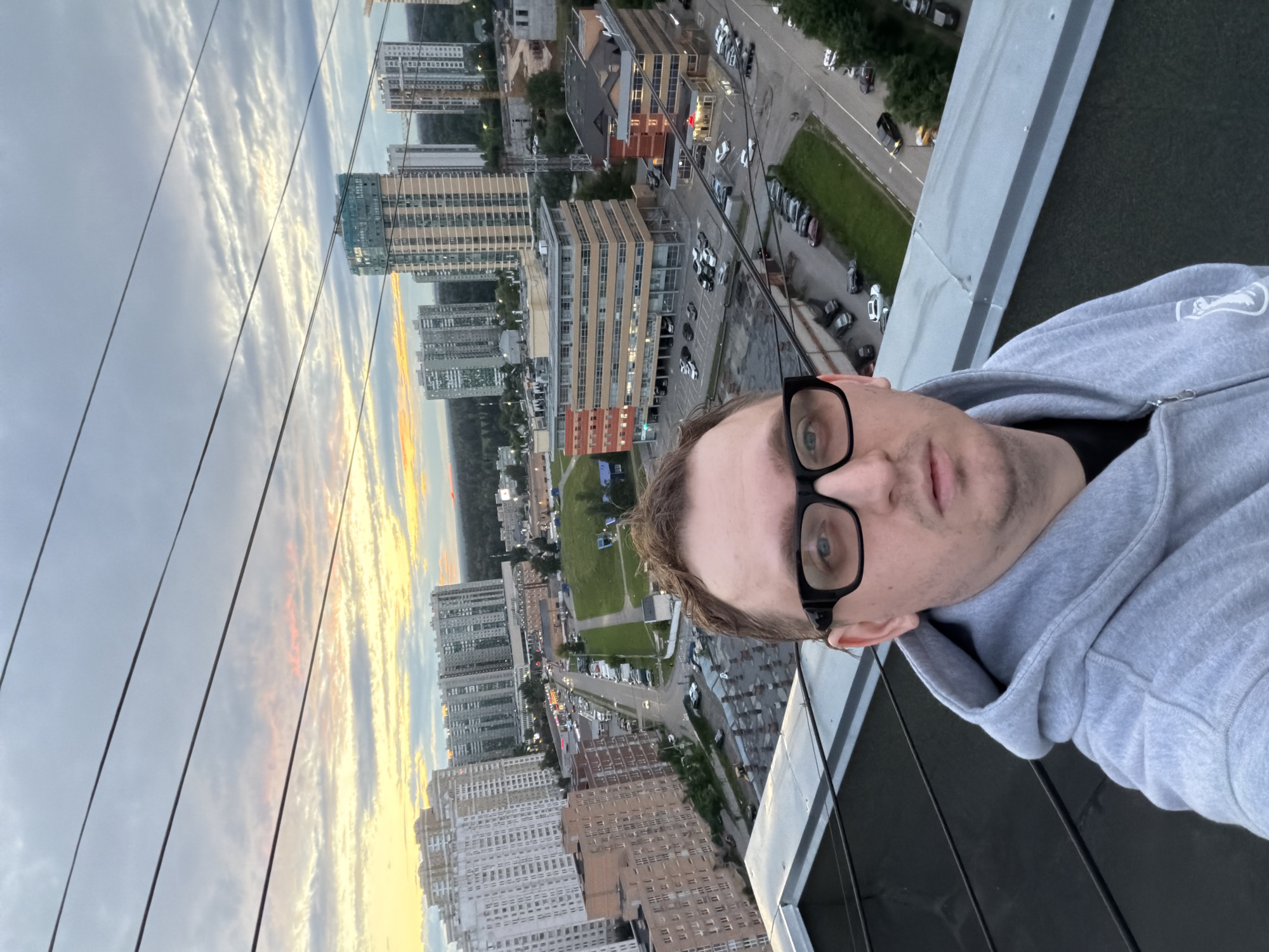 High-up selfie with Khimki cityscape in the background
