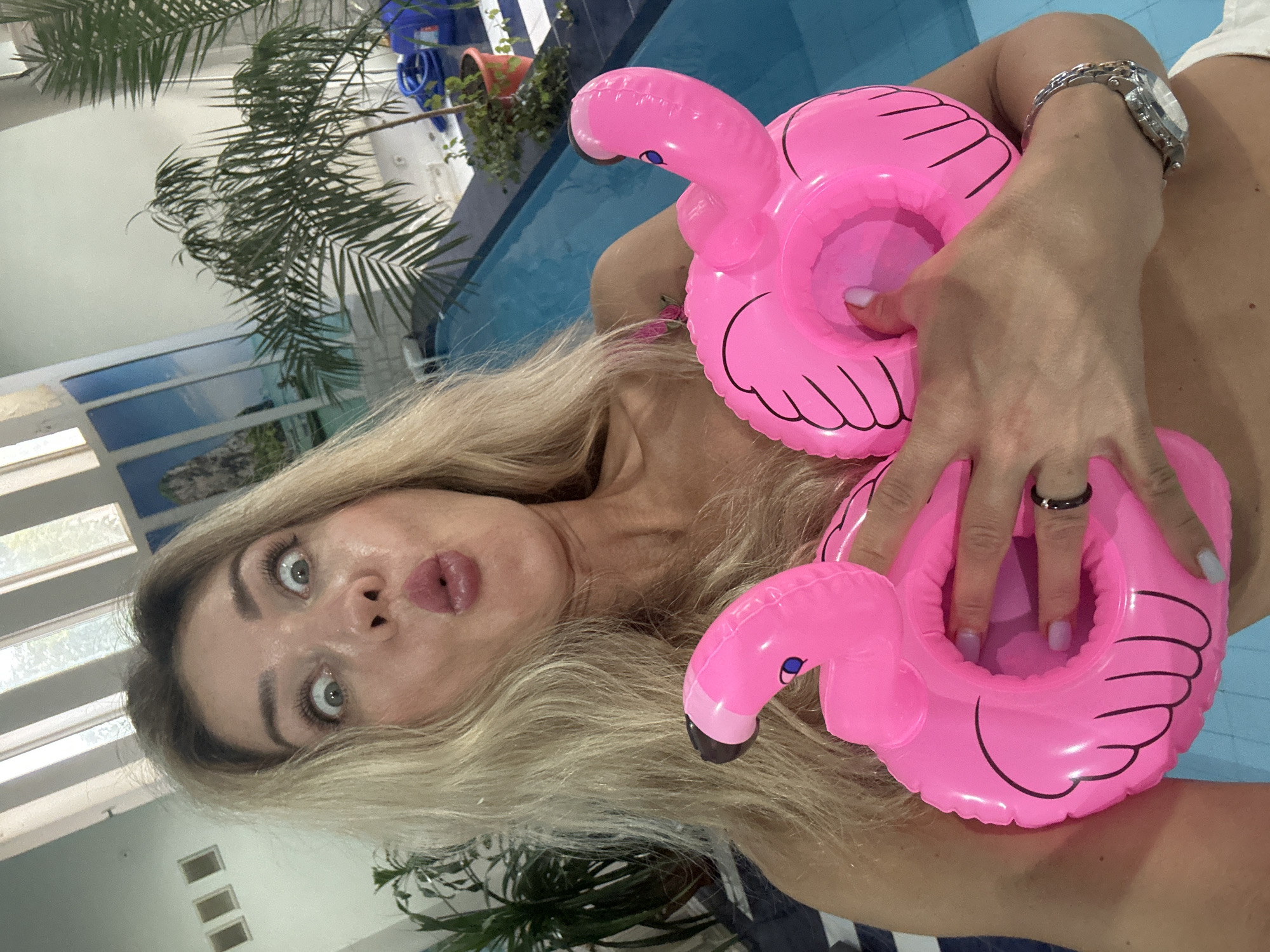 Backyard pool day with flamingo floats, a poodle, and strawberries
