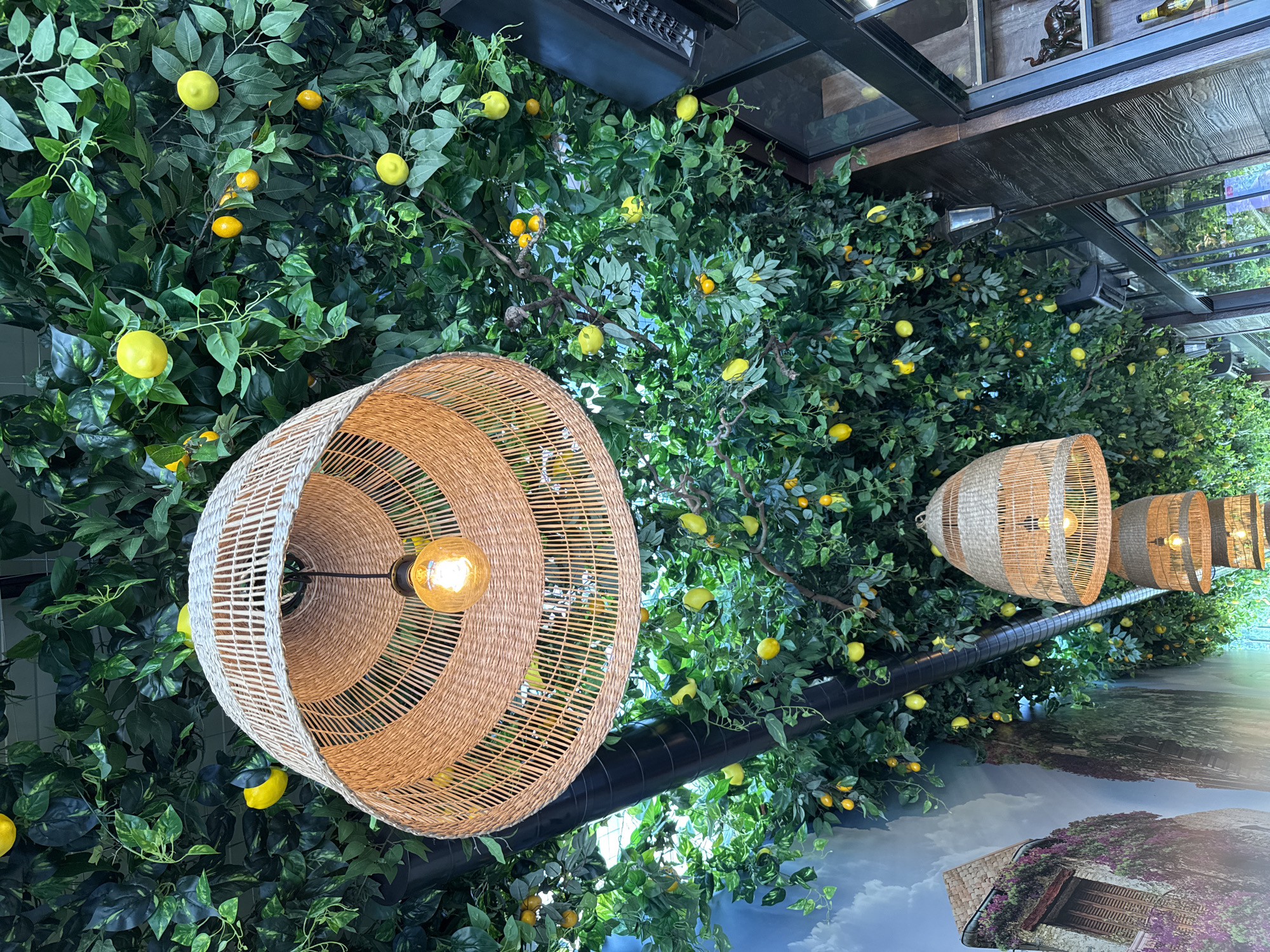Women dine under artificial lemon canopy in Burgas restaurant