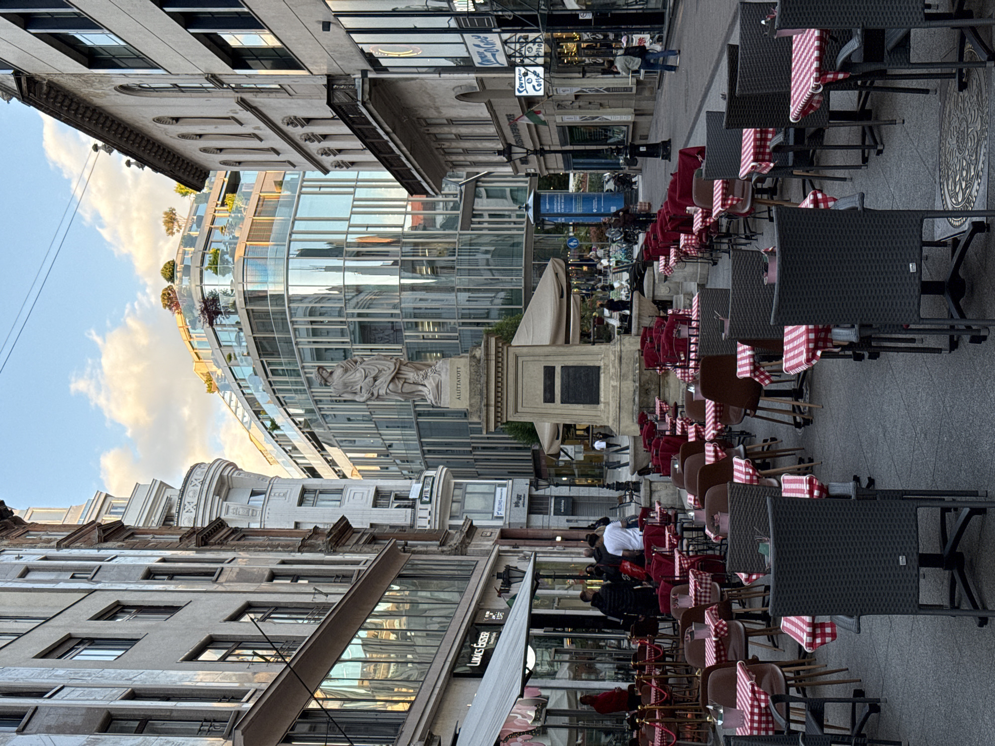 Budapest pedestrian street bustling with mixed architecture documented