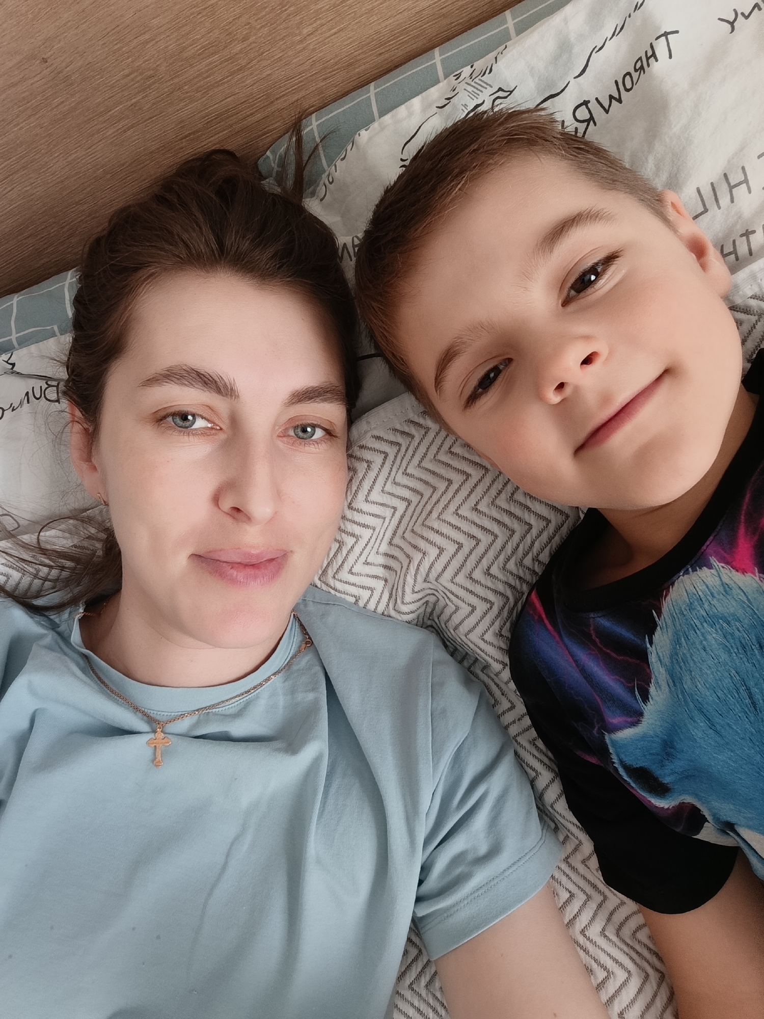 Family spends quiet morning at home with pet cat