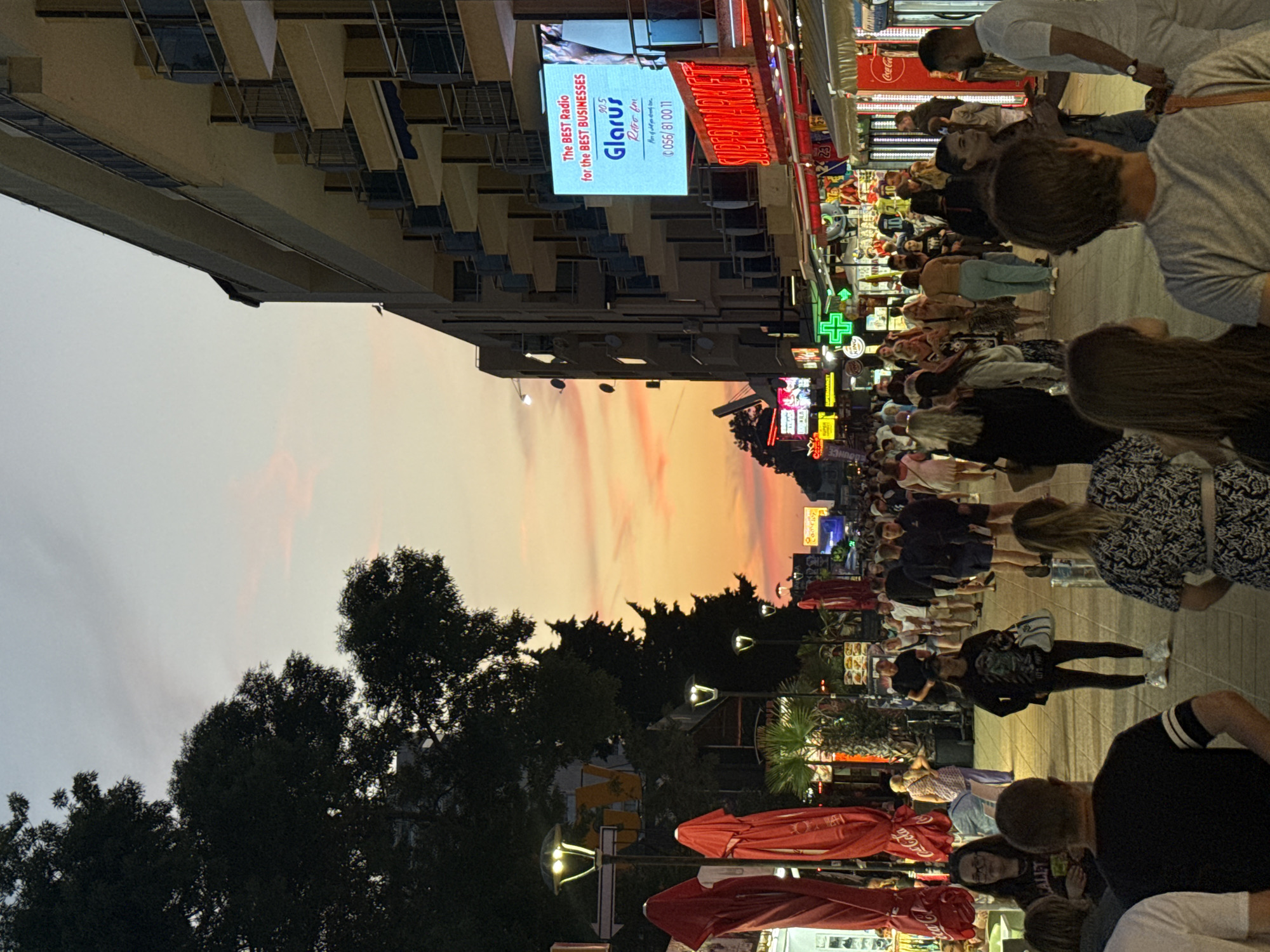 Evening resort and street scenes captured during sunset hours