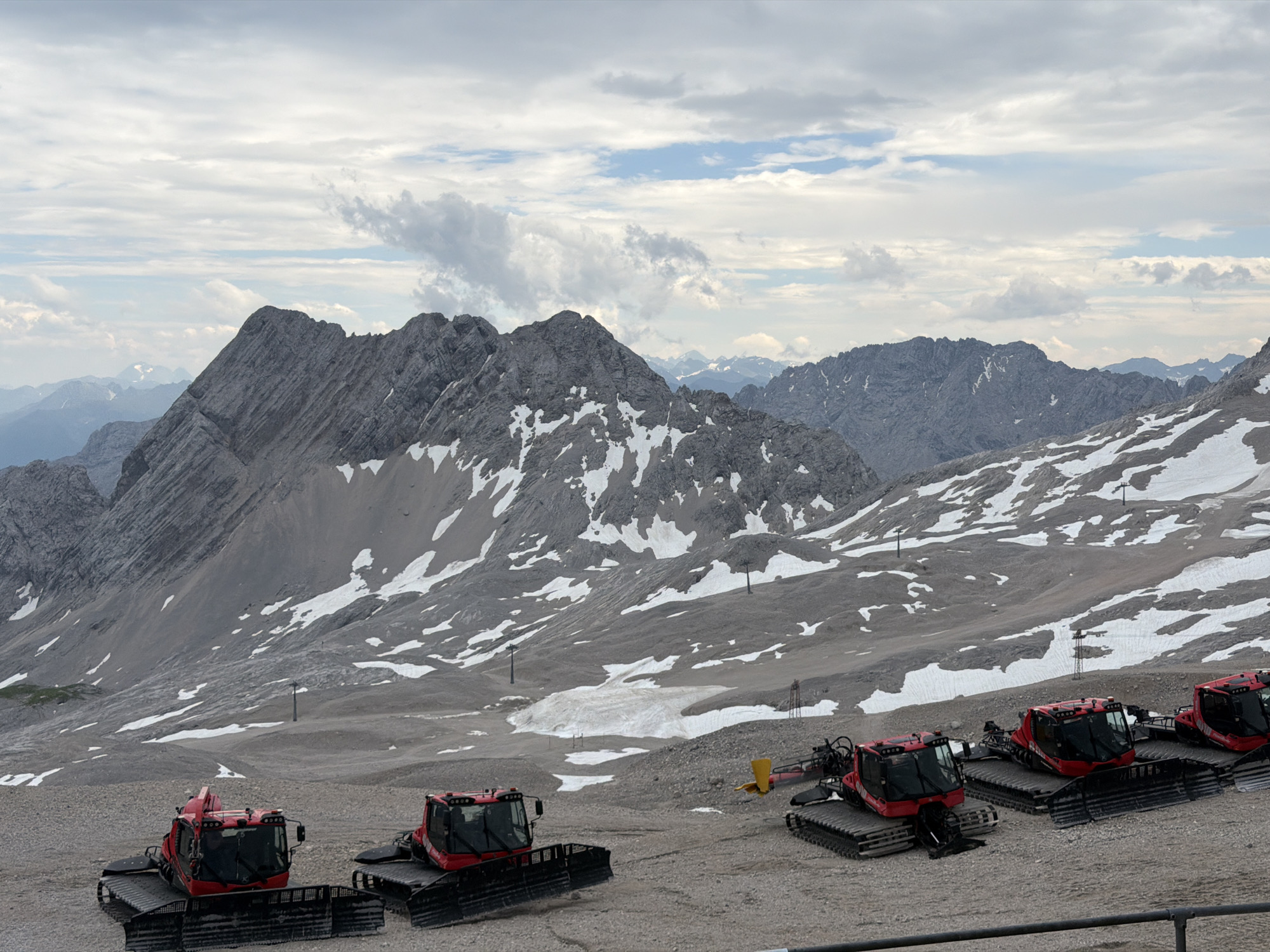 High-altitude Garmisch summit: peaks, cable car, and snow groomers