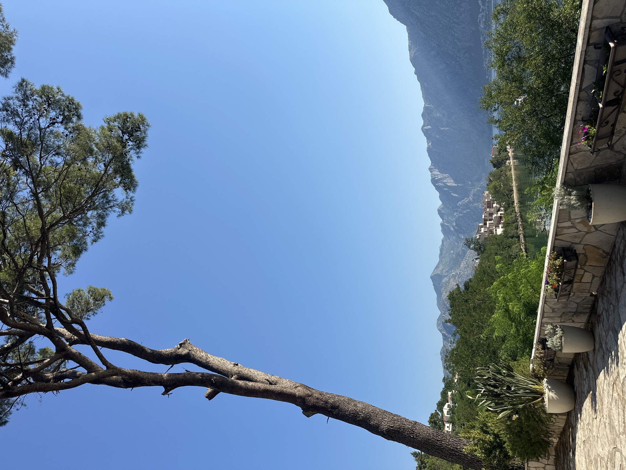 Morning tea on a stone patio overlooking the Bay of Kotor