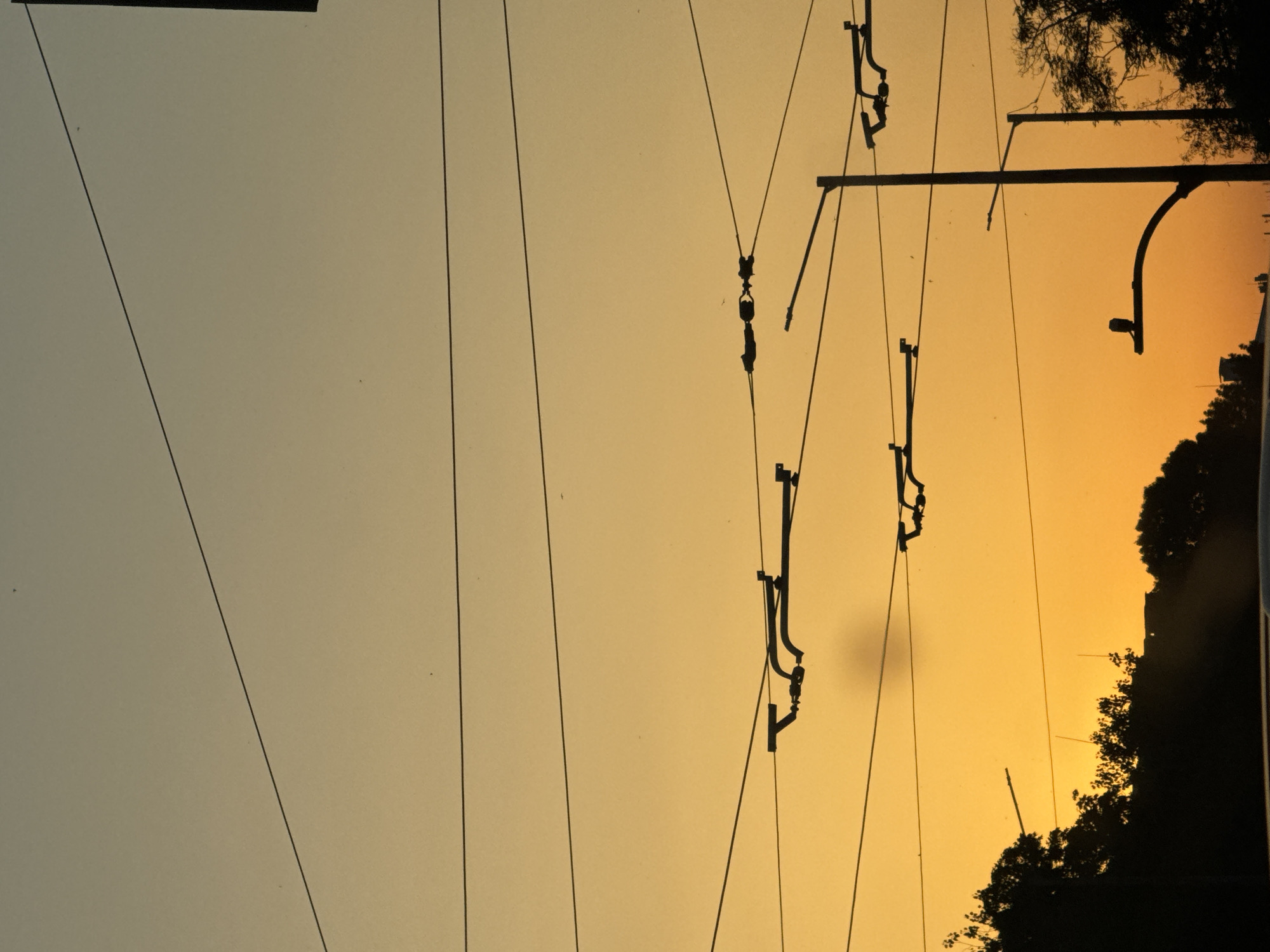 Utility wires lace a warm Sofia sunset sky