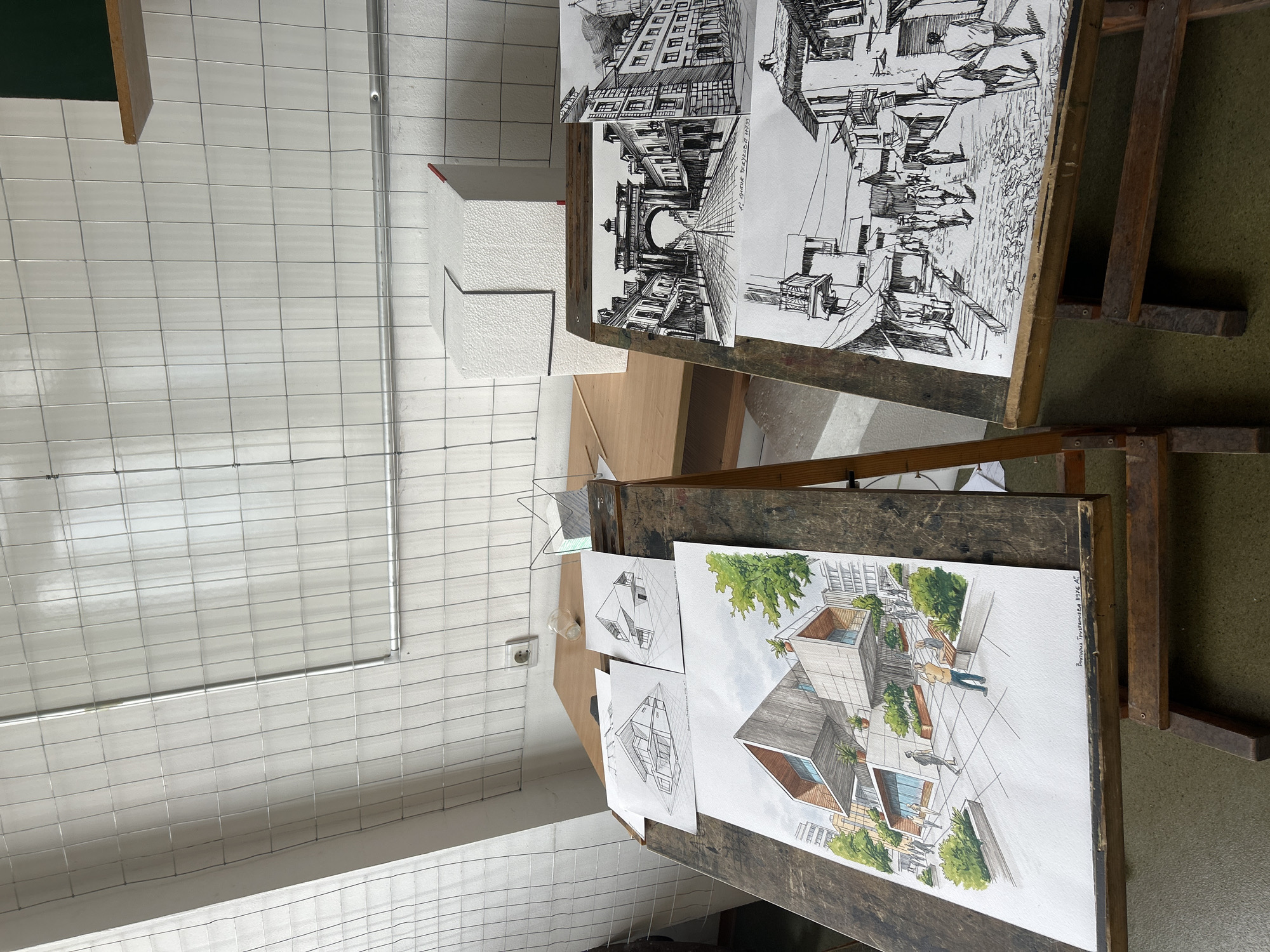 Architectural drawings displayed in Sofia studio space