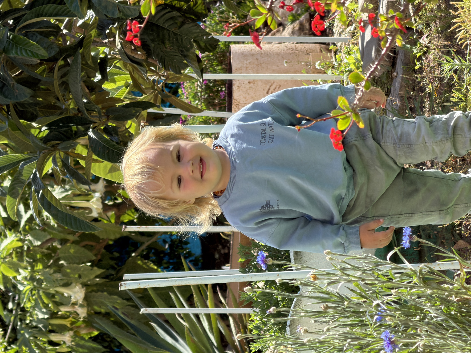 Child plays in garden among flowers in Kiryat Bialik