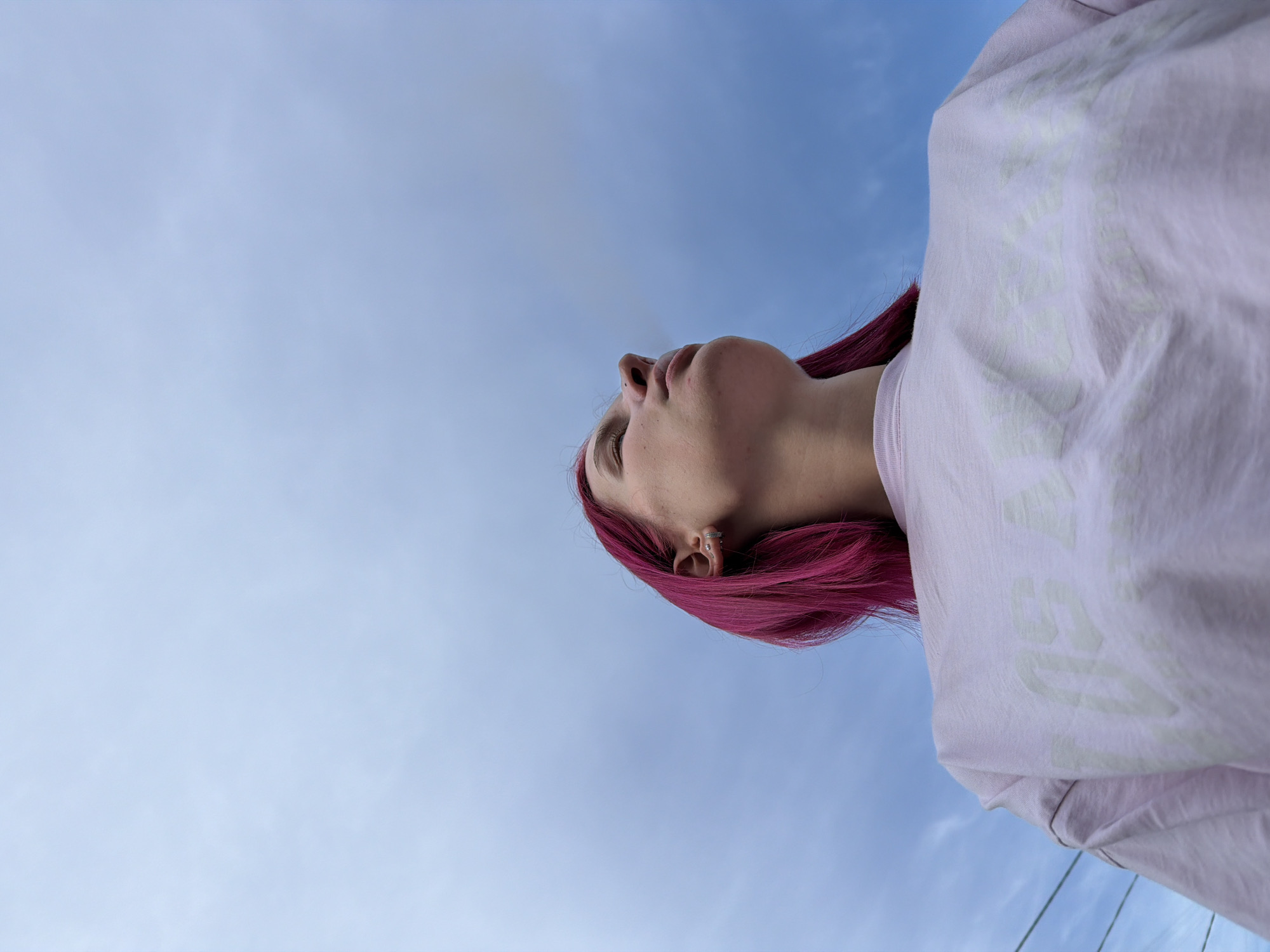 Pink hair, LA tee, Chaikovsky skies and car interior.