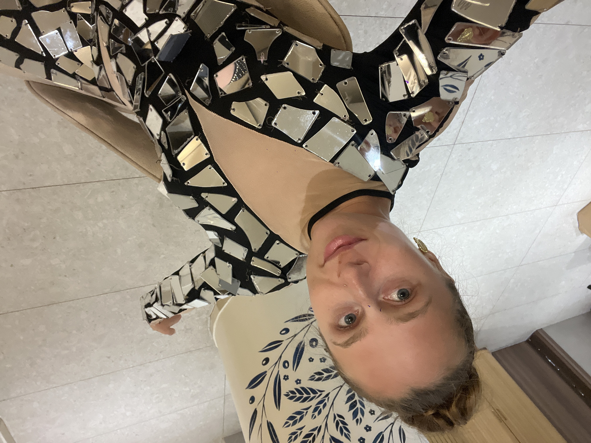 Mirrored bodysuit try-on and casual home snapshots
