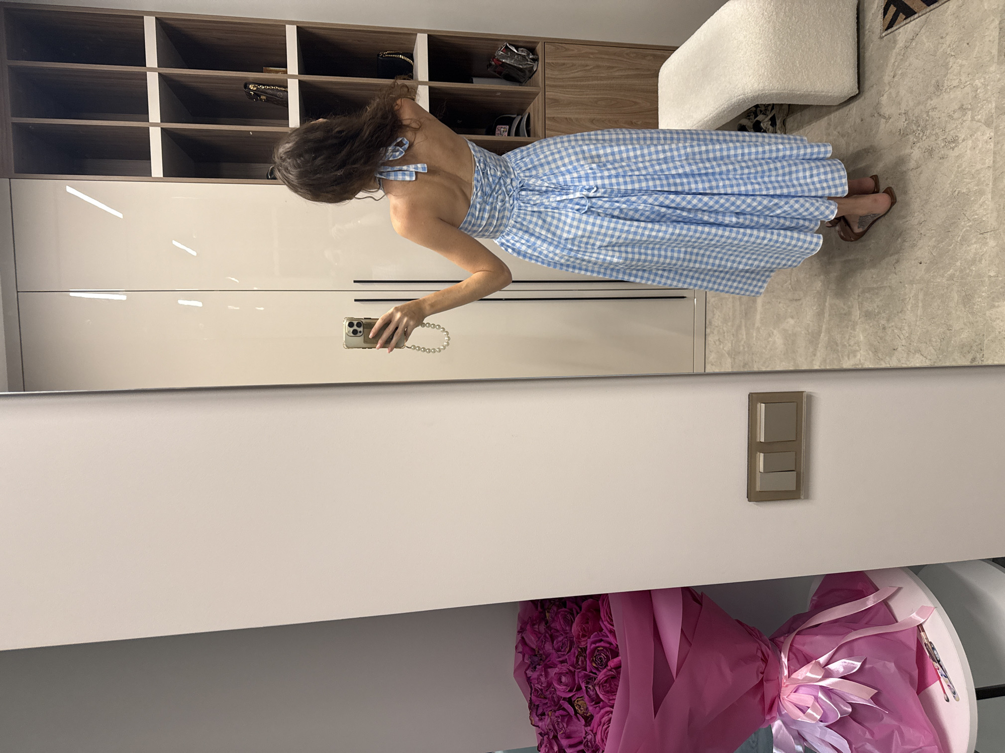 Mirror selfie in a Khimki dressing room, blue checkered dress