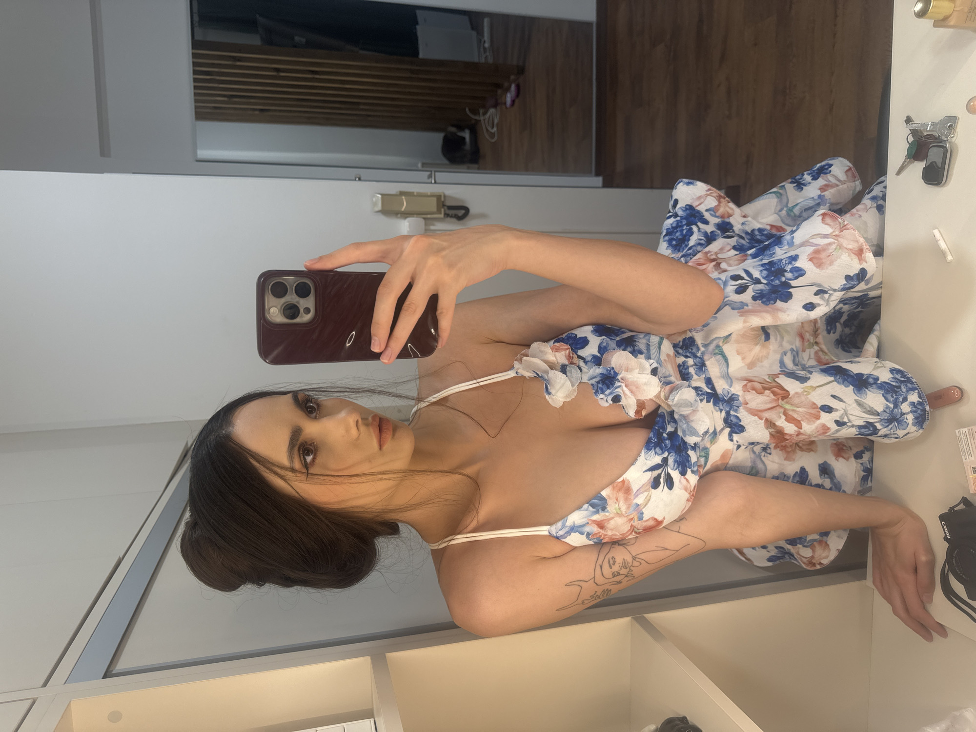 Mirror selfies in a floral dress, Agios Dimitrios