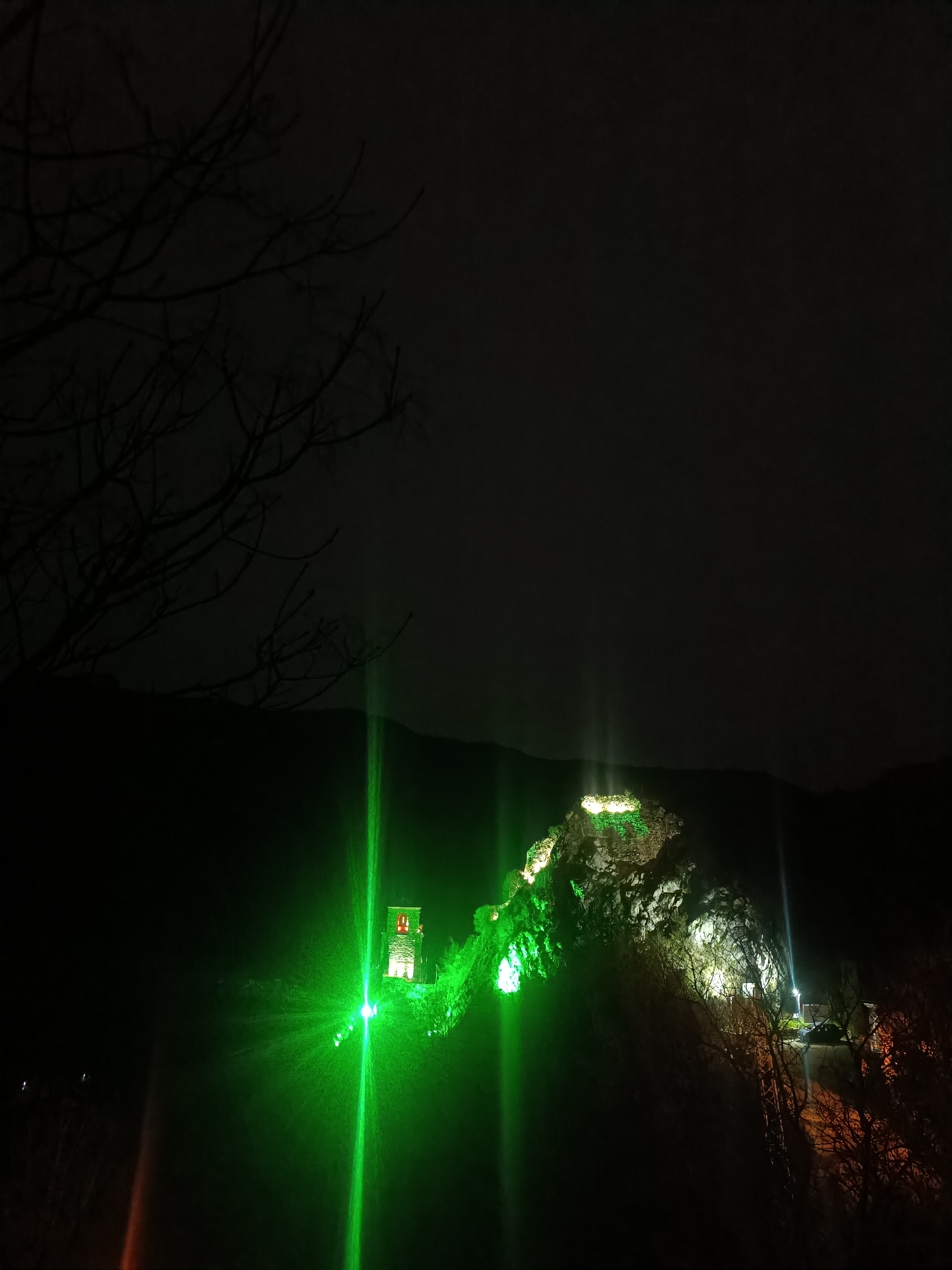 Historic Bulgarian fortress and church illuminated in nighttime display