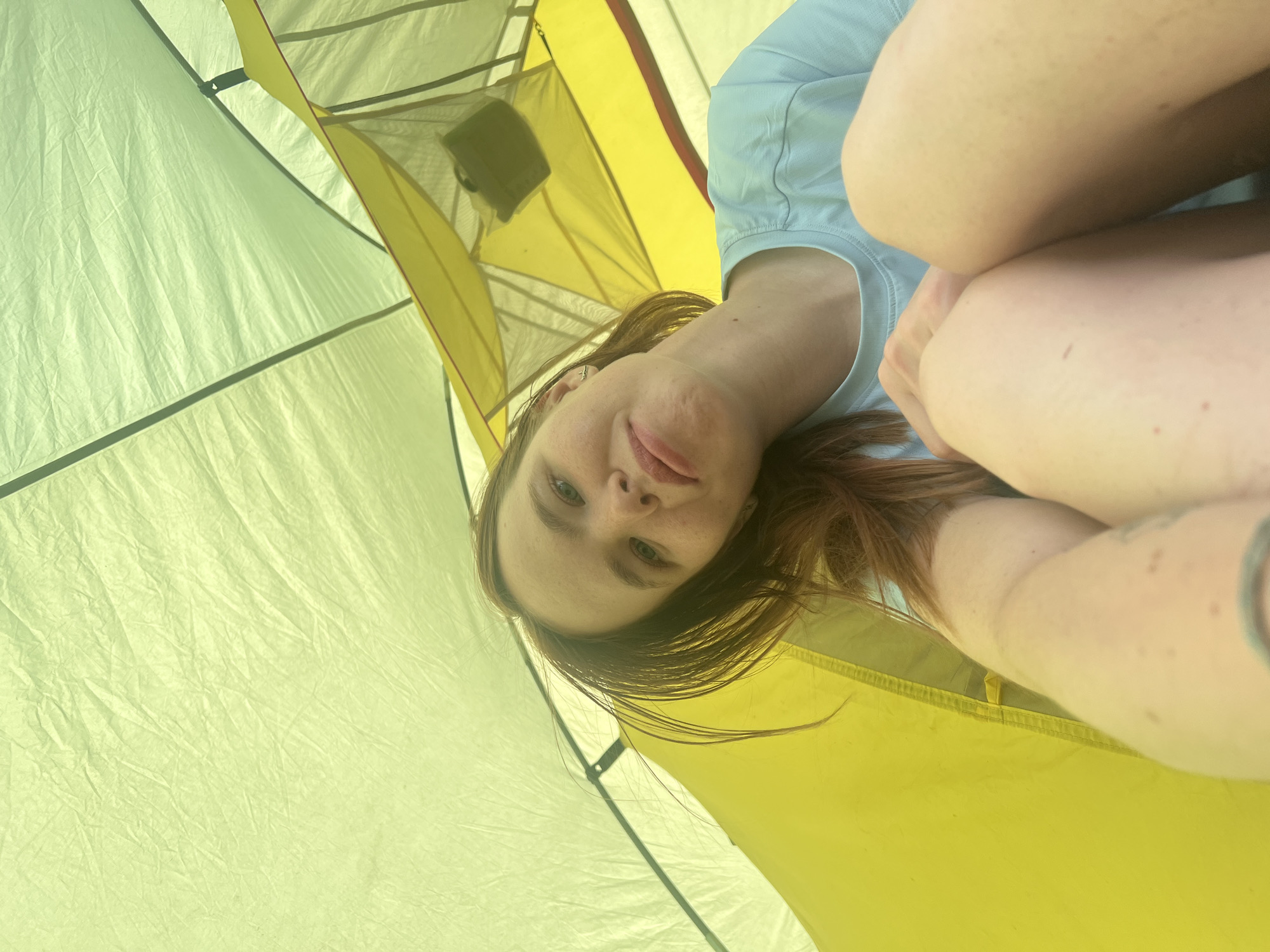 Woman camping, selfie taken in Khvalynsk area