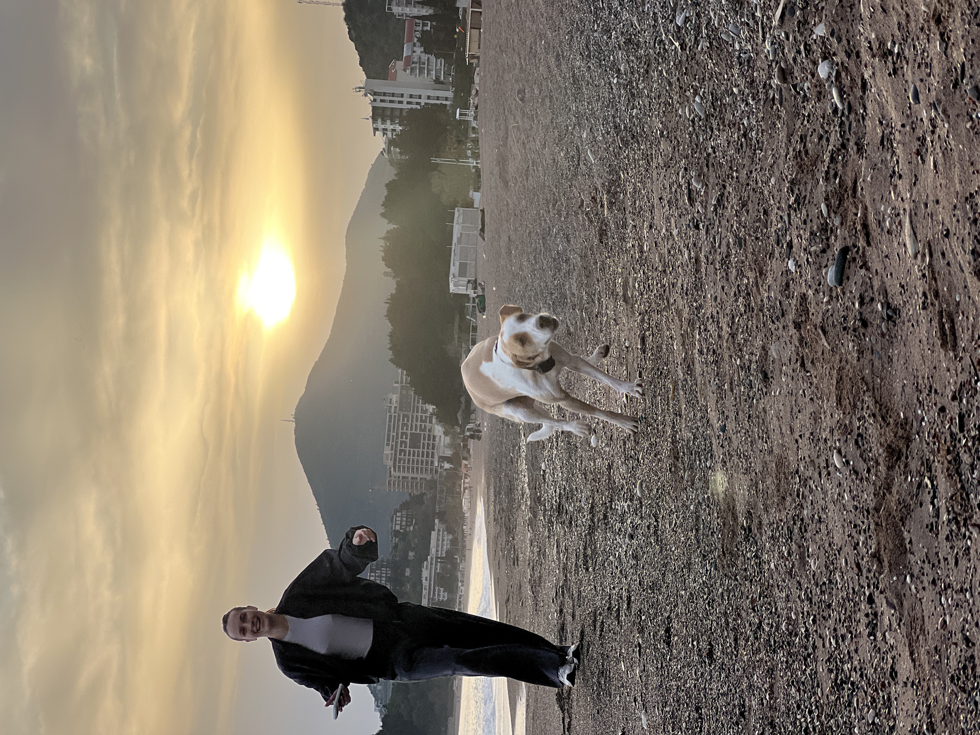 Person photographs dog on Montenegro beach at sunset