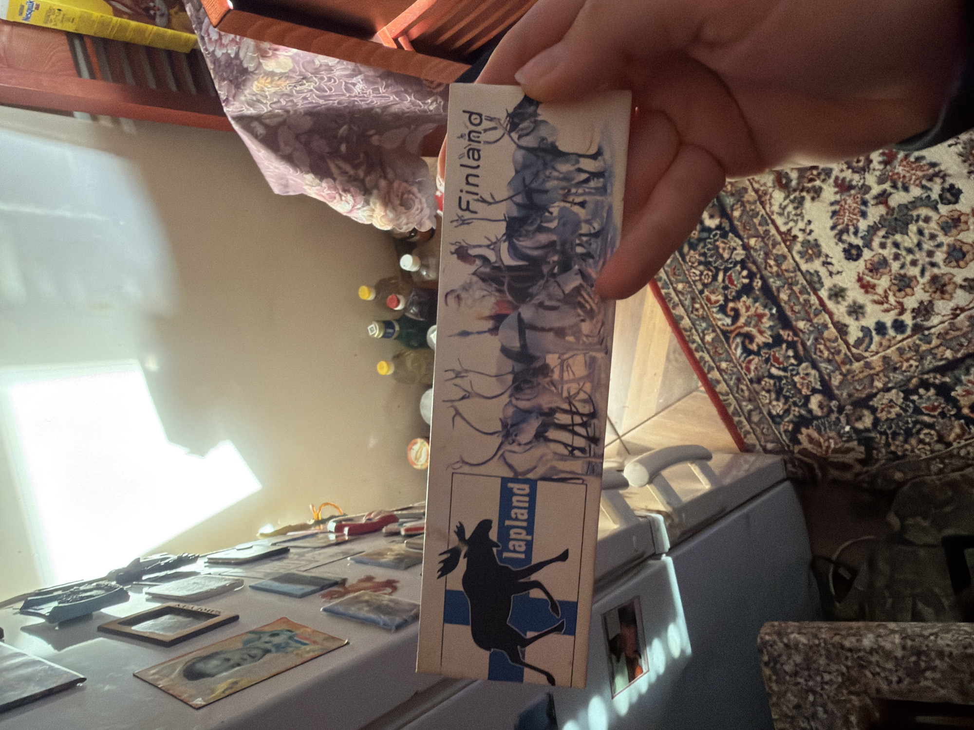 Travel souvenir collection and household items documented in home setting