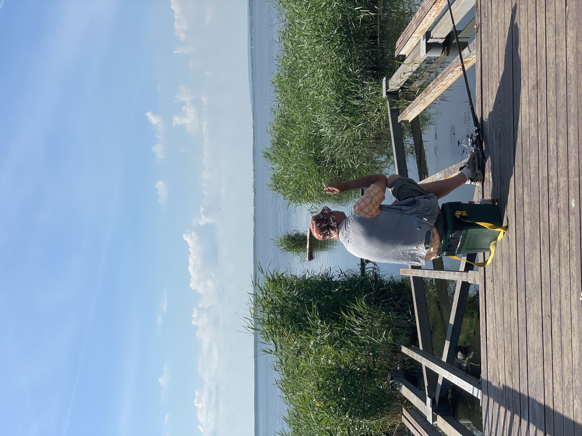 Fishing, dogs, and open skies on a calm waterfront day