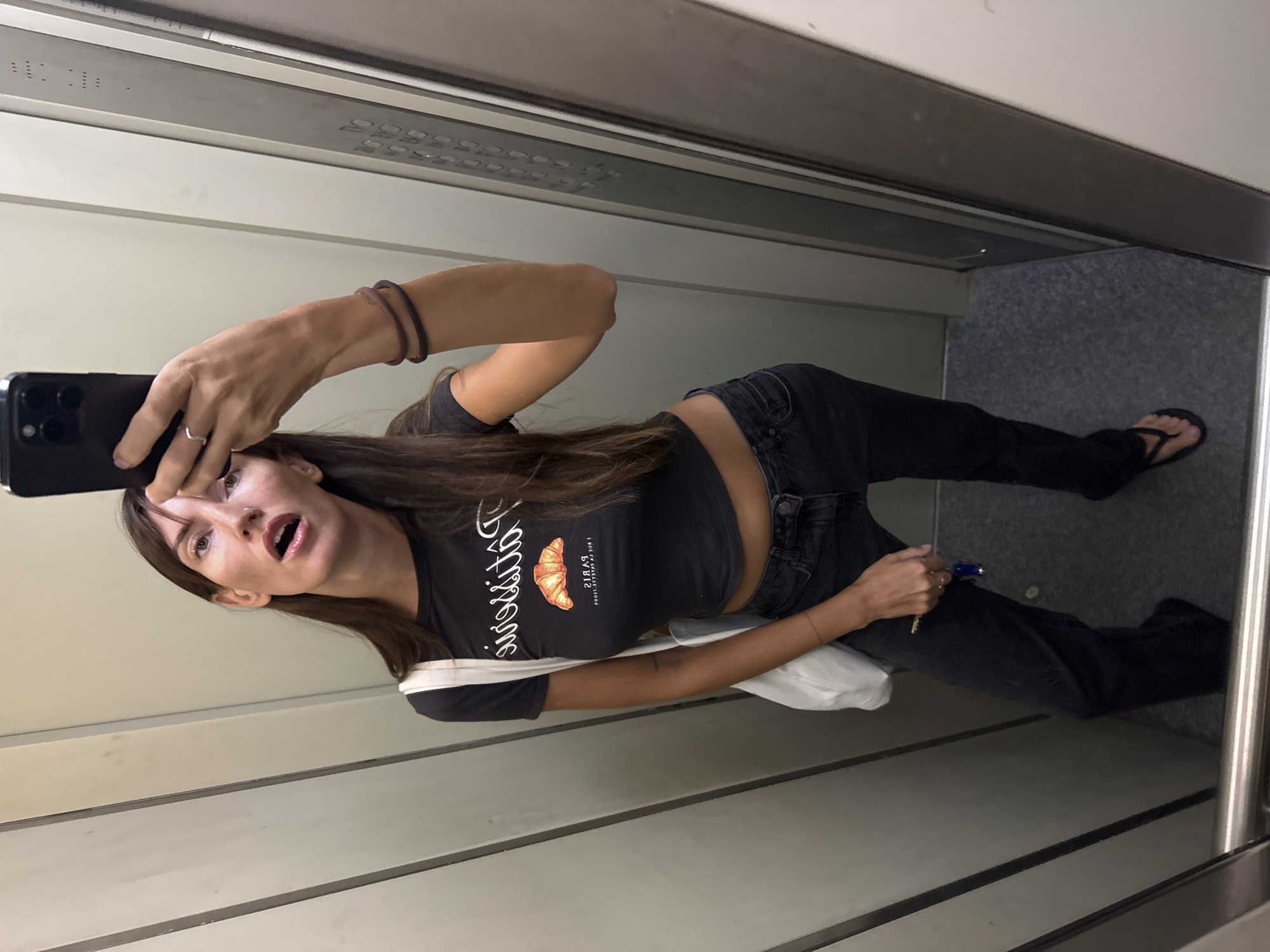 Elevator selfie in Moscow, Patisserie Paris crop top.