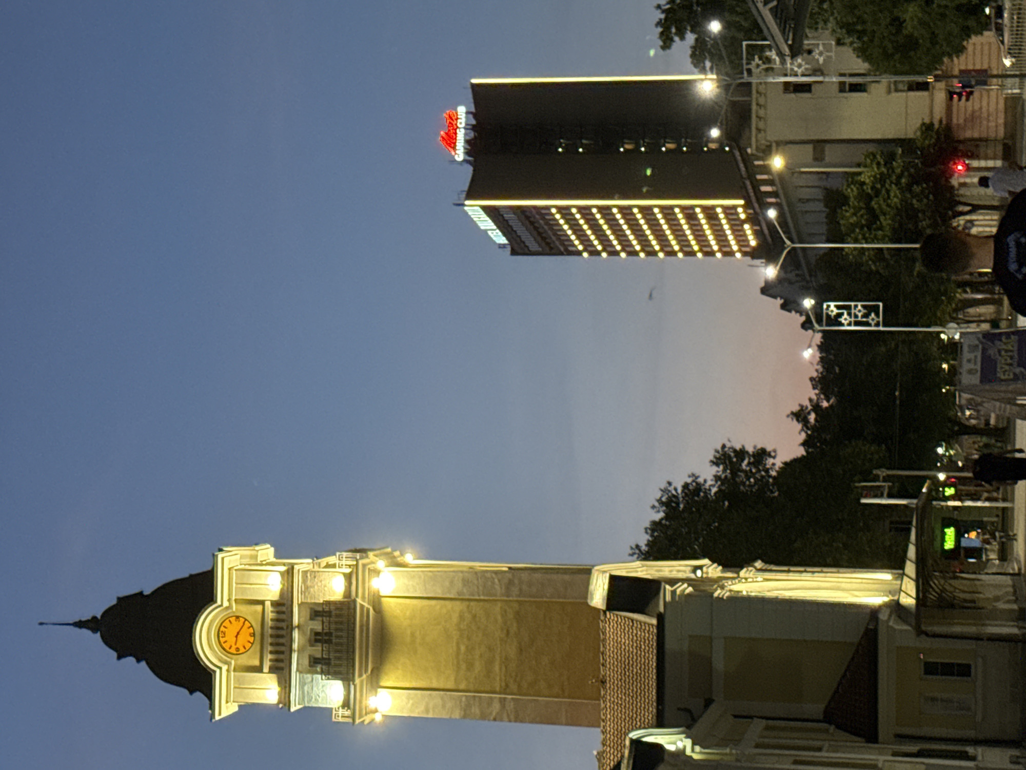 Historic Clock Tower illuminated at dusk in Burgas, Bulgaria