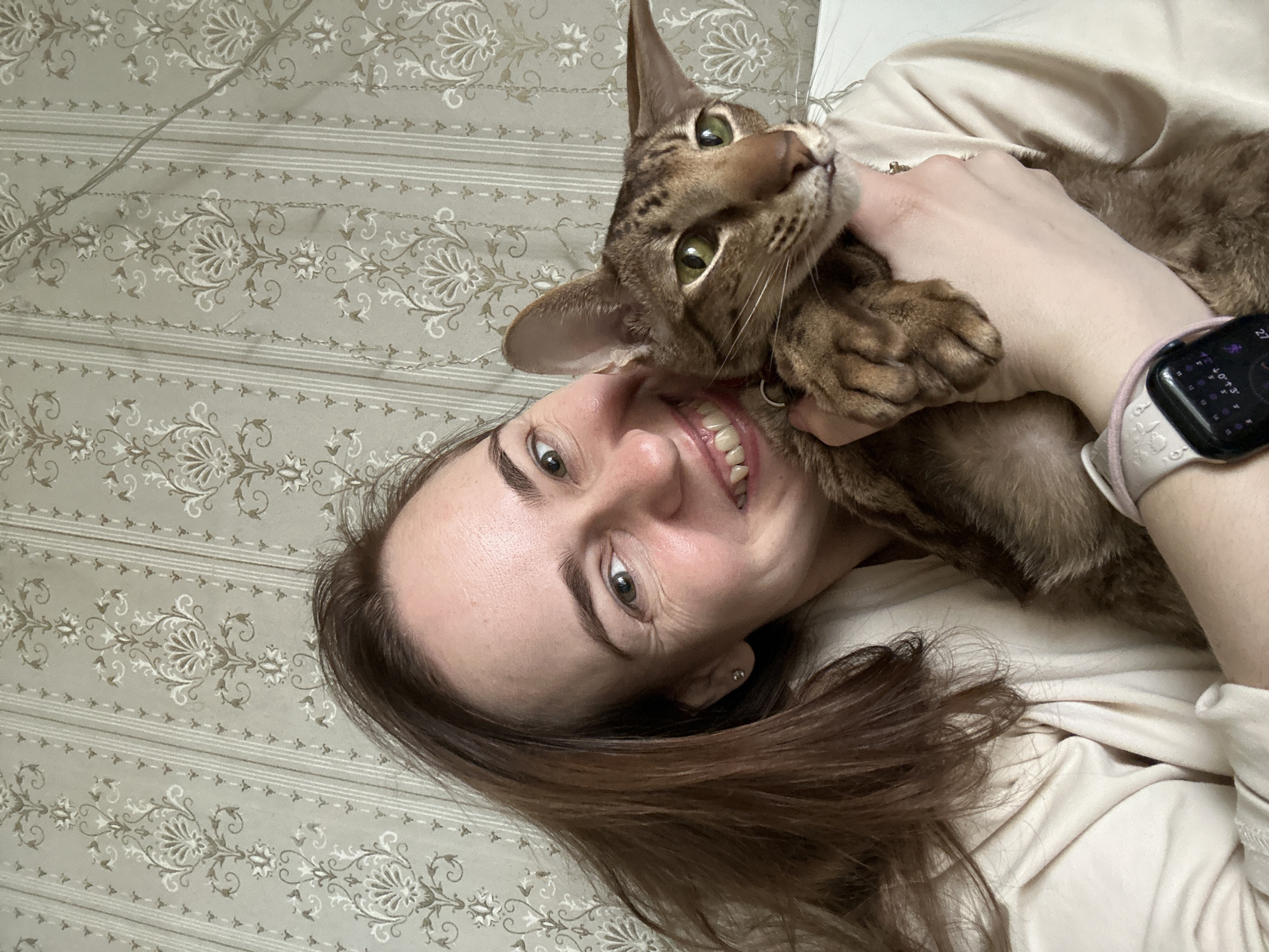 Moscow woman shares joyful moments with pet cat