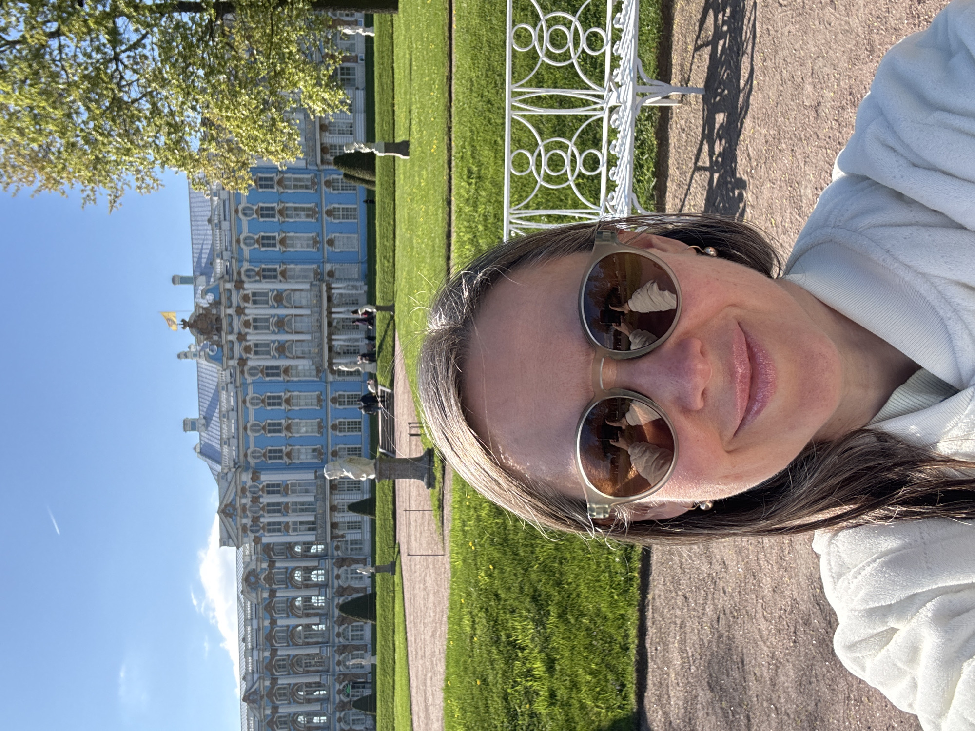Tourist visits Catherine Palace grounds in Pushkin, Russia