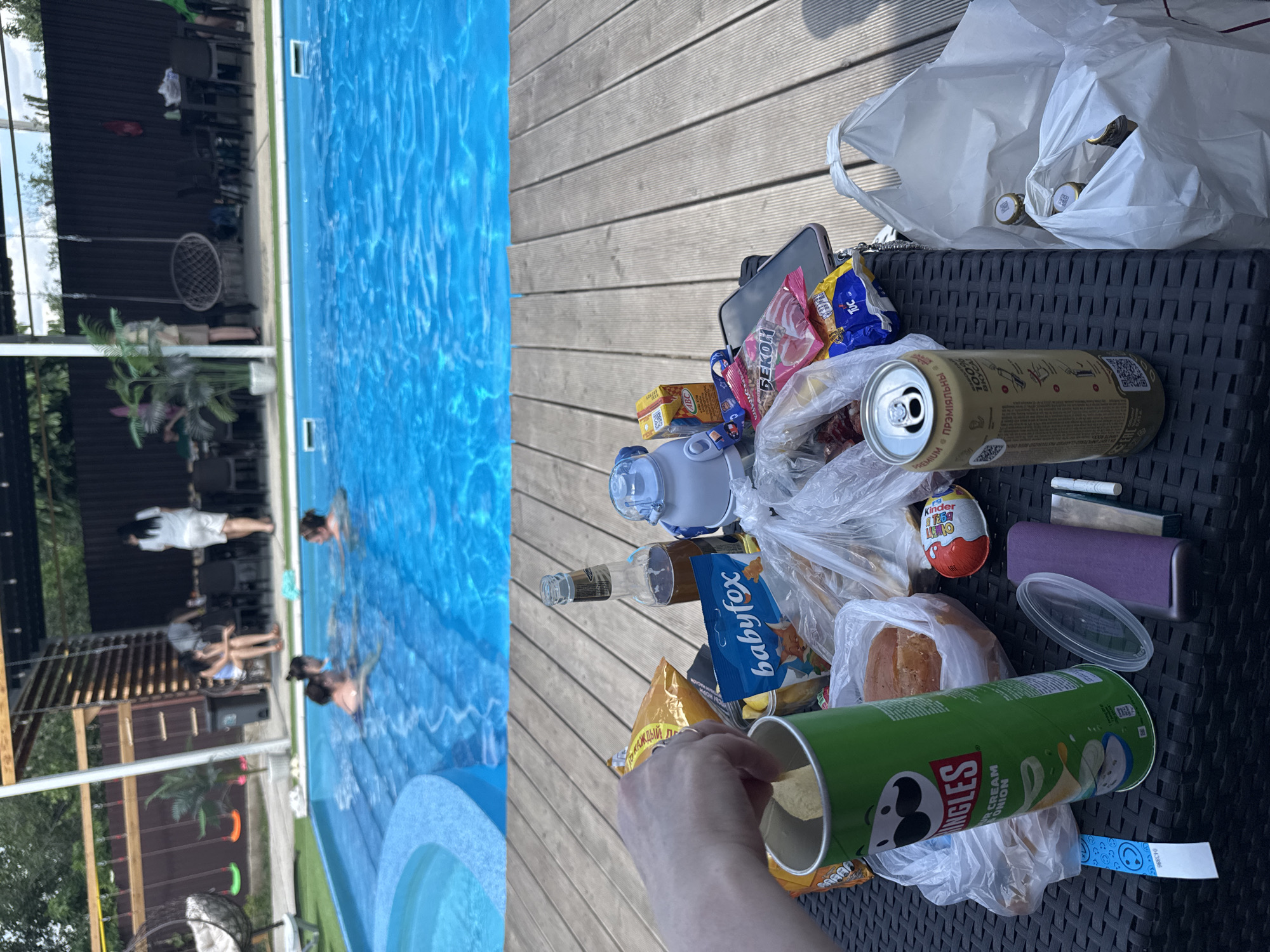 Lazy poolside afternoon with snacks, drinks, and selfies