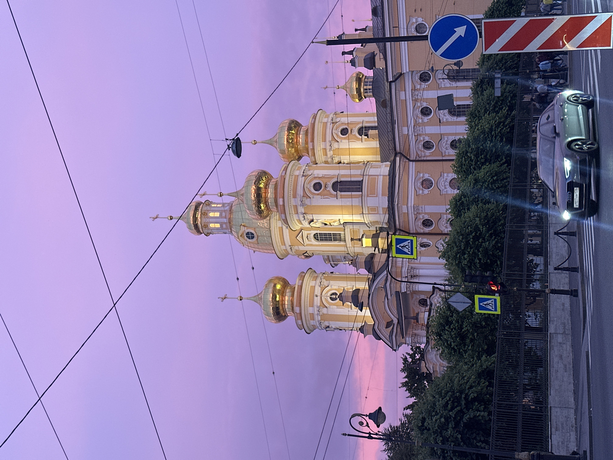 Saint Nicholas Naval Cathedral glows under a twilight sky in St. Petersburg