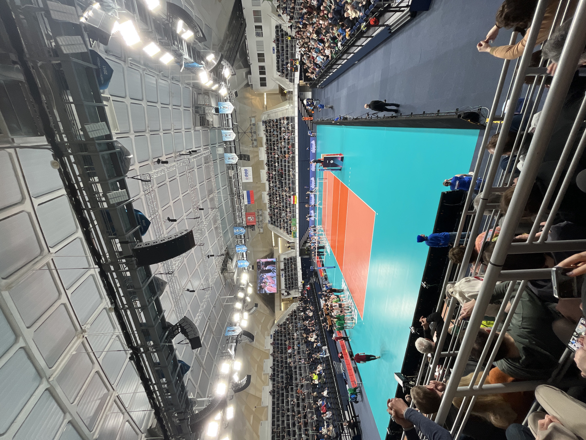 Volleyball match played between blue and red teams in Moscow