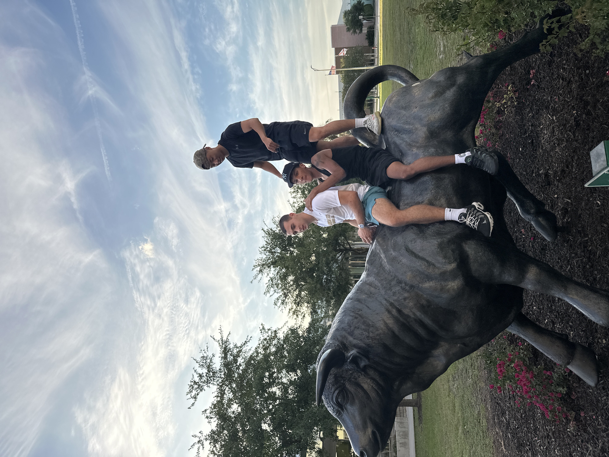Three men climb bronze bull statue in Tampa