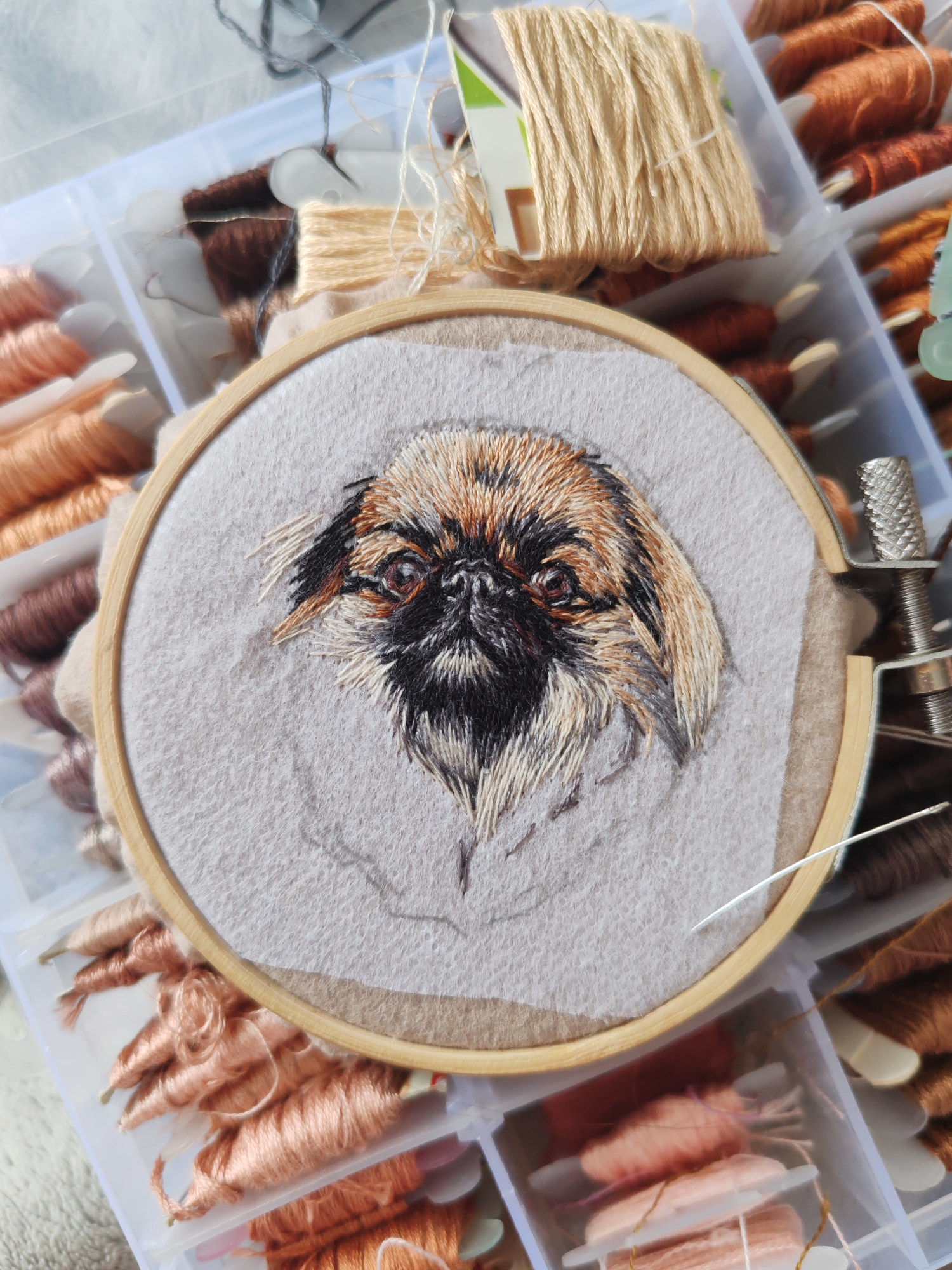 Dog embroidery project captured in progress in Ust-Ilimsk