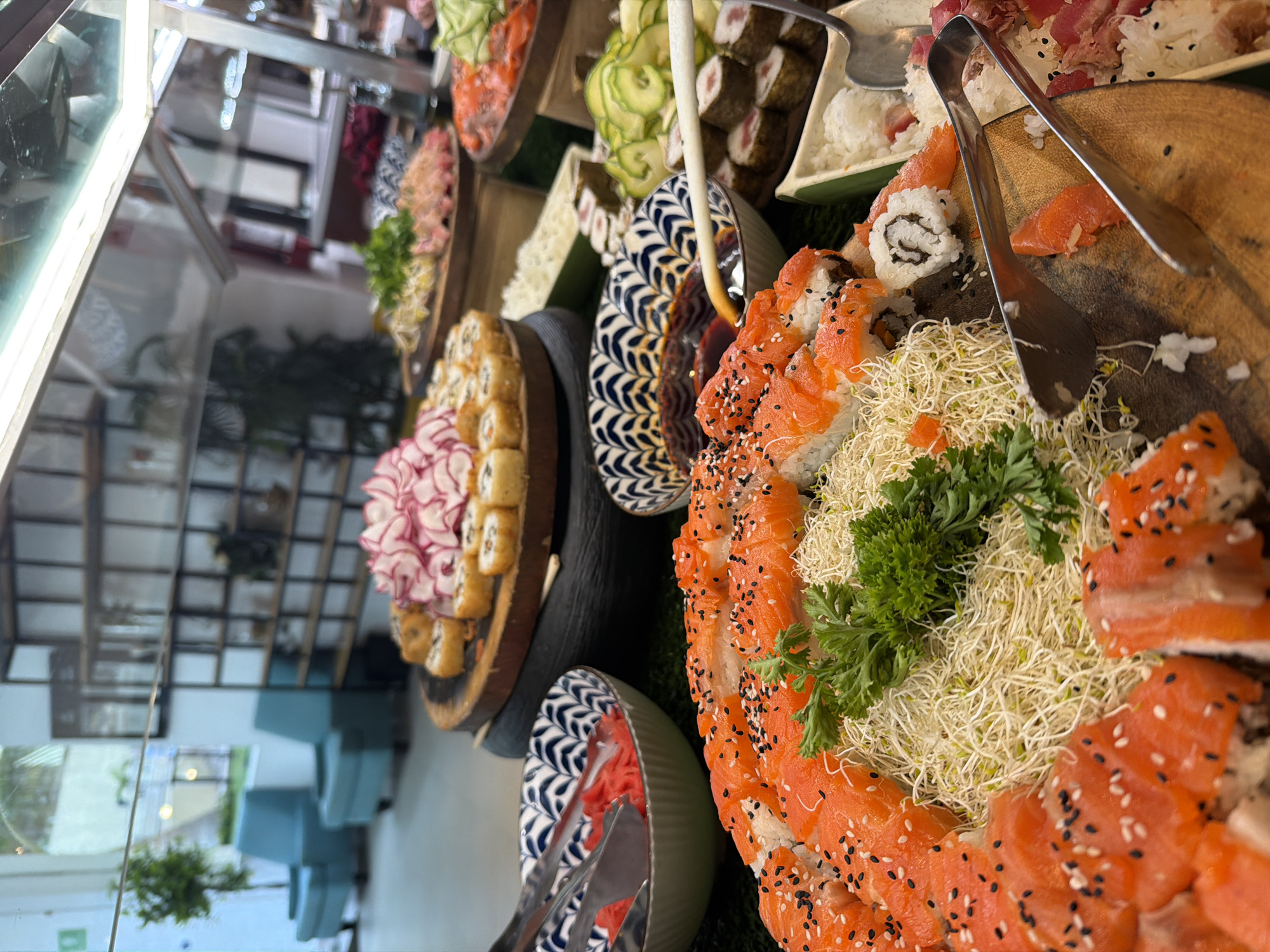 Sushi buffet display at a Cancún restaurant