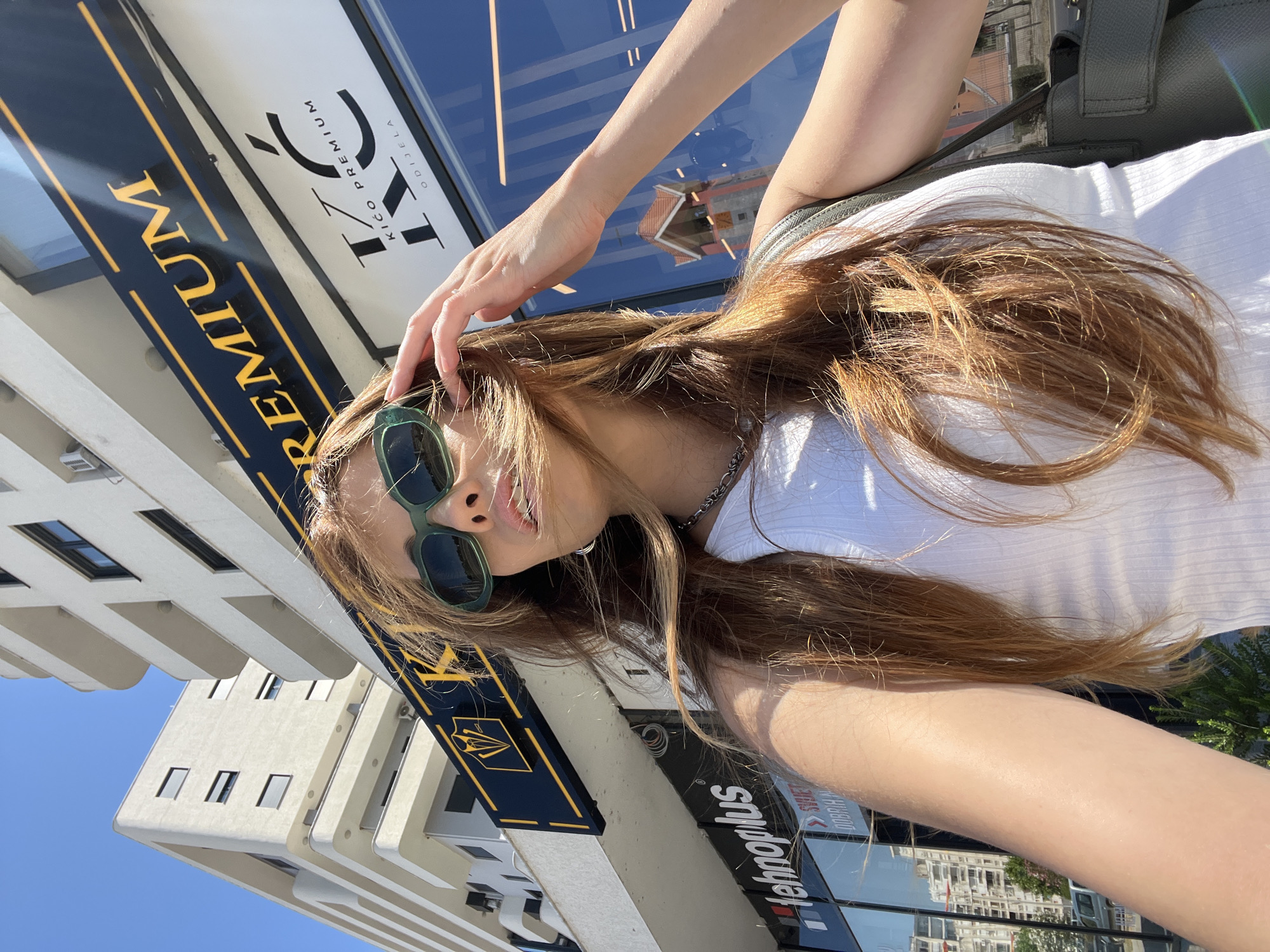 Sunny selfie moment at a bar in coastal Montenegro